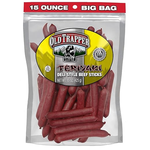Old Trapper Deli-Style Beef Sticks, Teriyaki Flavor, 15-Ounce Package, Great for On-the-Go Snacking, Six Grams of Protein and Less Than One Gram of Sugar per Serving (Pack of One)