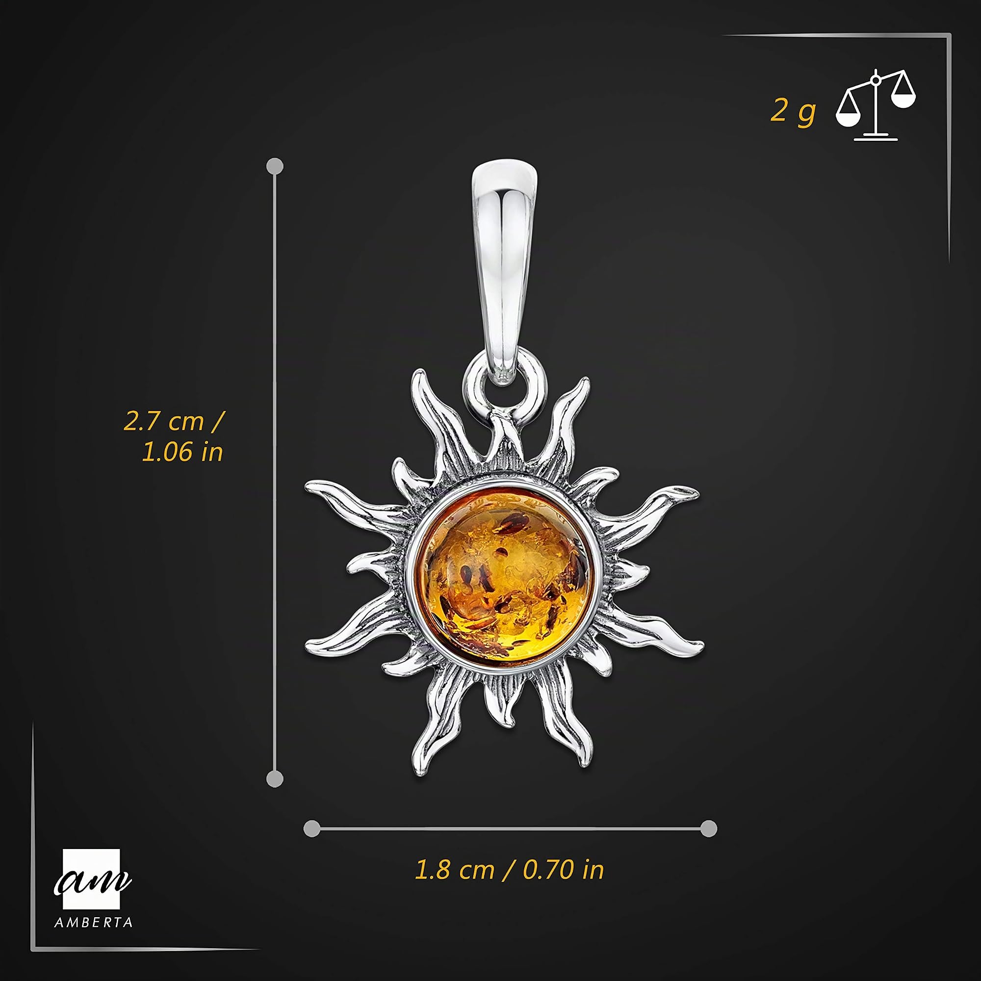 Pendentif Soleil en Argent Sterling 925 avec Ambre de Différentes Couleurs