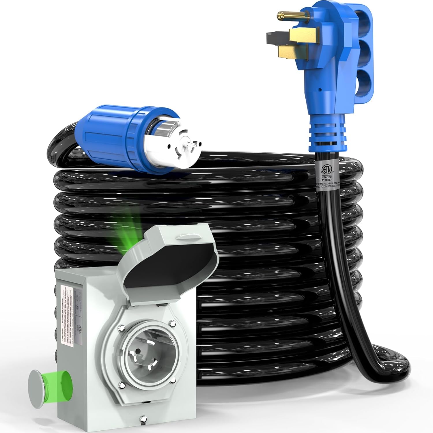 50 Amp Generator Cord and Power Inlet Box, 20FT 4 Prone RV Extension Cord, 125/250V NEMA 14-50P Male to SS2-50R Twist Locking Connector, STW 6/3+8/1 AWG, Transfer Switch for Home Generator