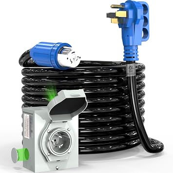 50 Amp Generator Cord and Power Inlet Box, 25FT 4 Prone RV Extension Cord, 125/250V NEMA 14-50P Male to SS2-50R Twist Locking Connector, STW 6/3+8/1 AWG, Transfer Switch for Home Generator