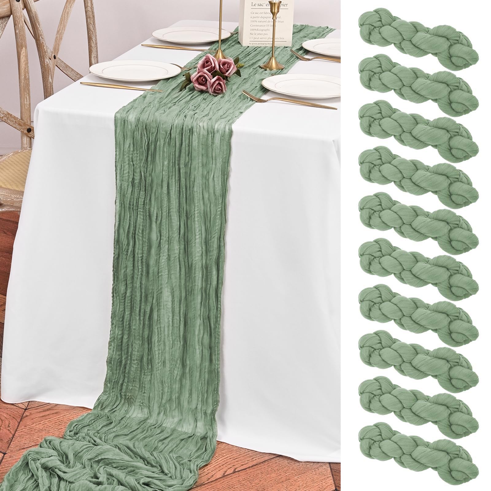 10 Pack Sage Green Cheesecloth Table Runner, 10FT Long Boho Gauze Runner for Birthday Party Festival Wedding Decoration — image 1