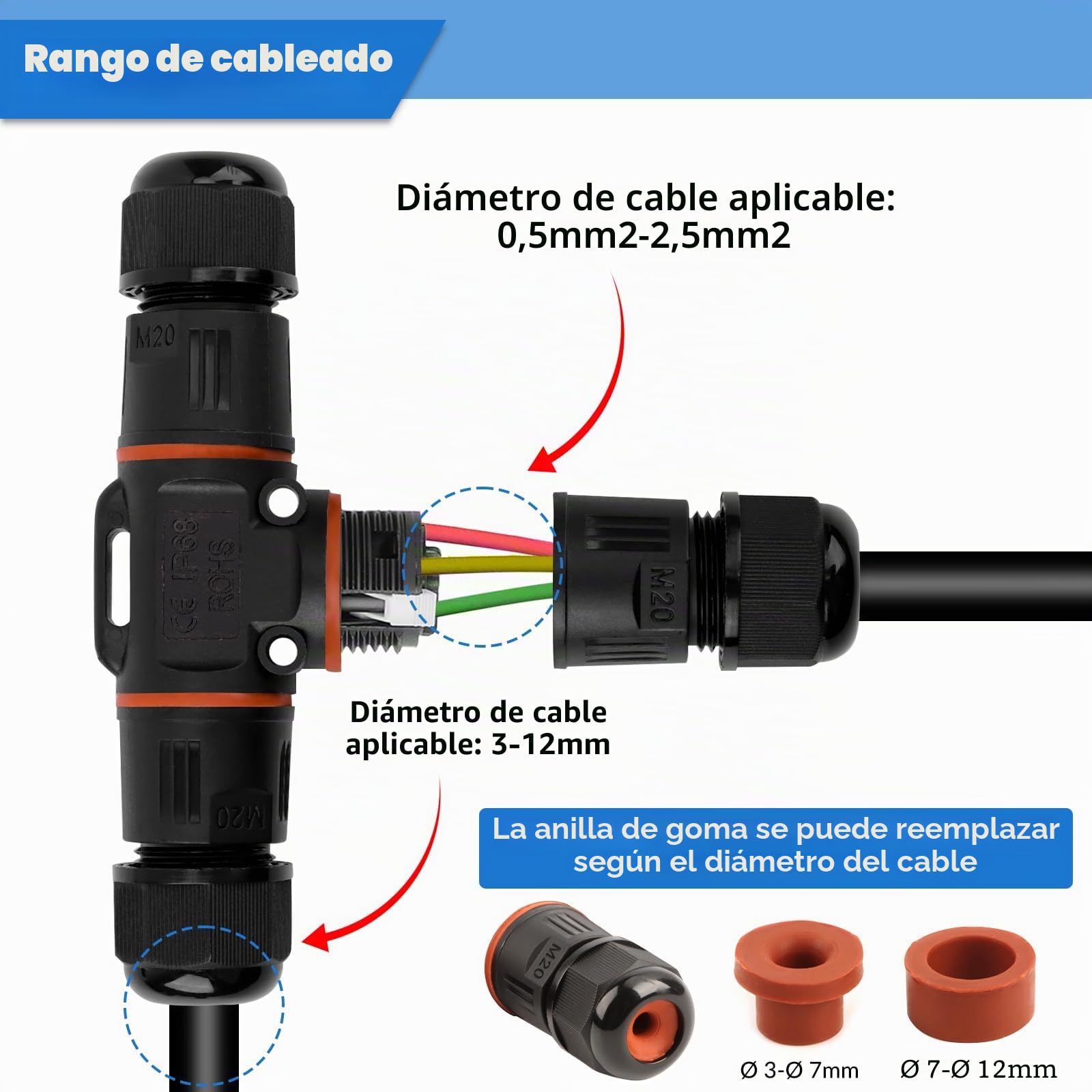 12 Piezas Conector Impermeable IP68, T Forma Caja de Conexión Impermeable IP68 3 Vías Empalme a Prueba Agua ABS Conector de Cable para Exteriores para Cable de Diámetro Ø3mm-12mm