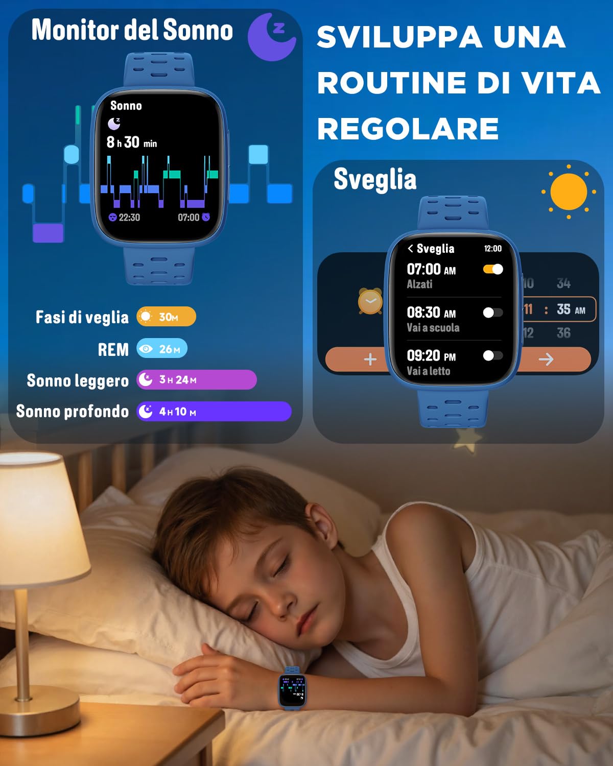 BIGGERFIVE Smartwatch Bambini Bambina Ado 5-16, 1,8" Amoled Fitness Tracker | Orologio Contapassi, Frequenza Cardiaca, Resistente all'Acqua 30m, Monitor del Sonno, Giochi Puzzle con/senza APP, Blu