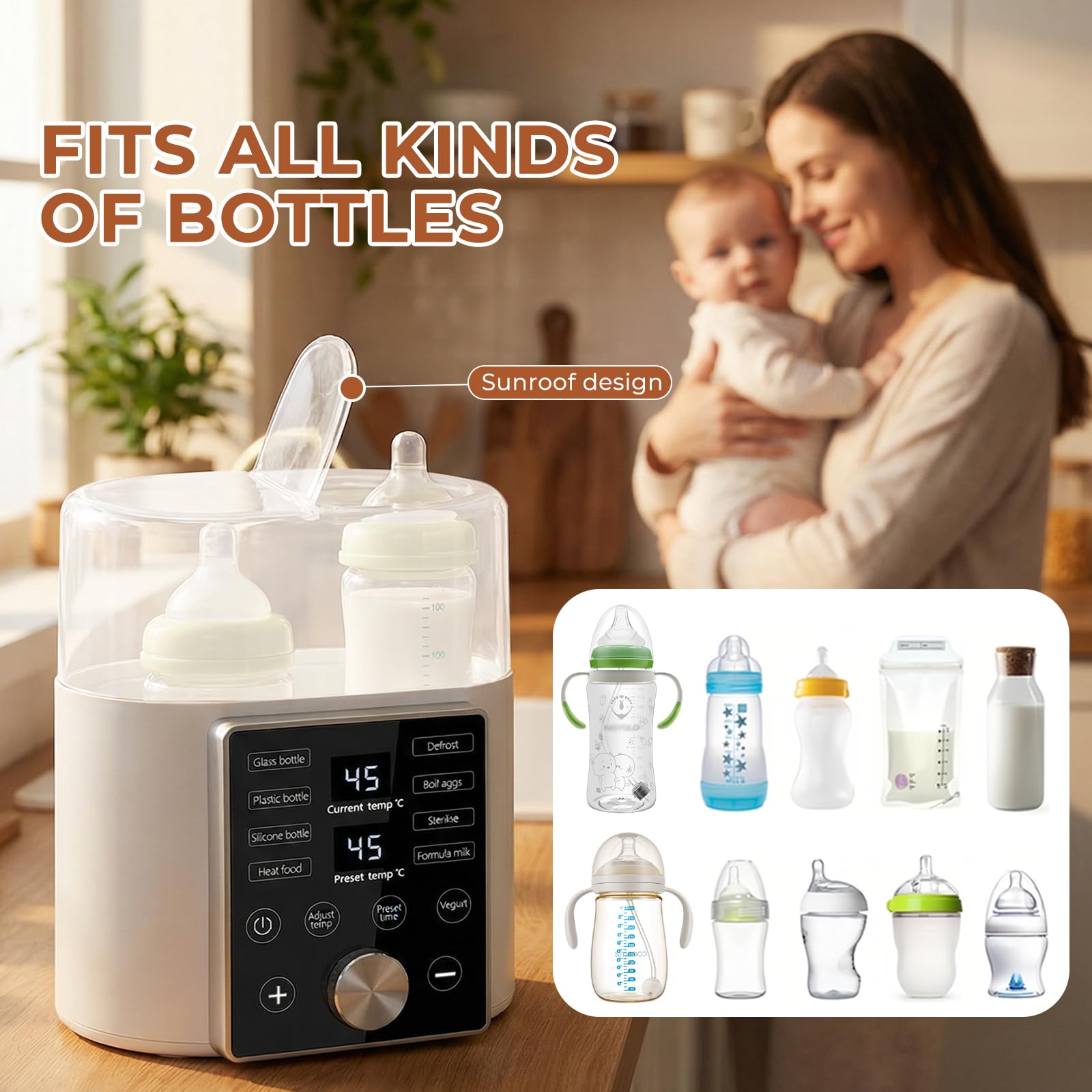 9 in 1 Scaldabiberon,Sterilizzatore Biberon,Scalda biberon,Scalda biberon Neonato Portatile,Double BottleWarmer,Senza BPA,Display LCD,Riscaldamento Rapido,Scongelare,Adatto a Tutti i biberon