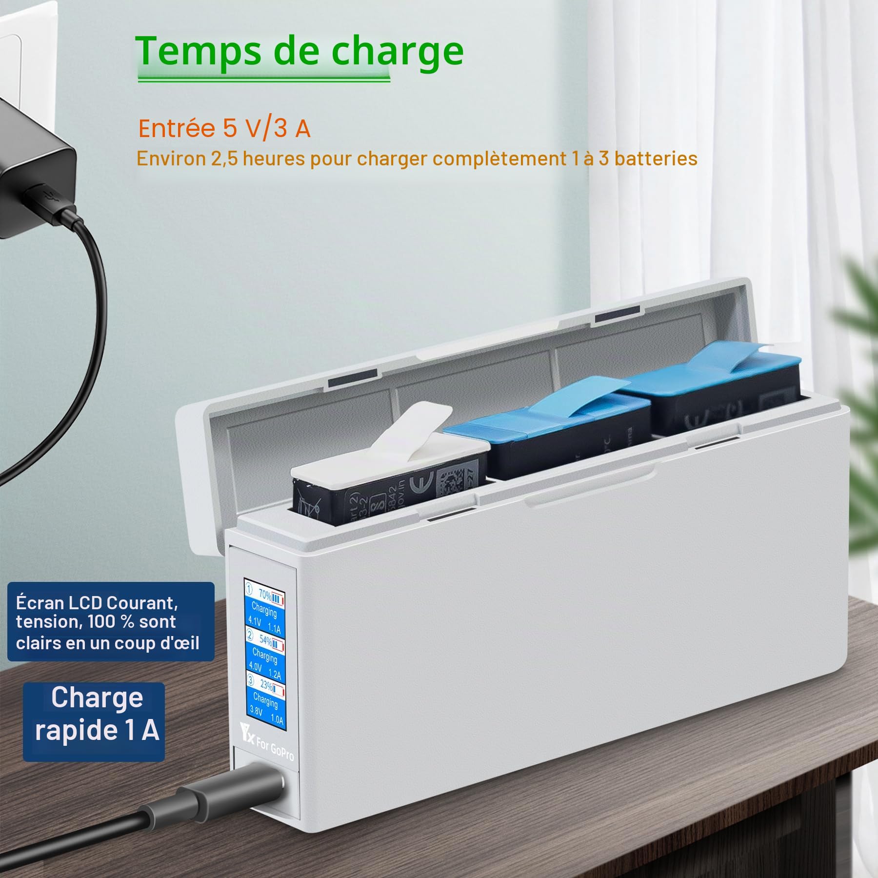 LCD Chargeur de Batterie pour GoPro HERO12 11 10 9,Three Battery Charger for Enduro Batteries Accessoire