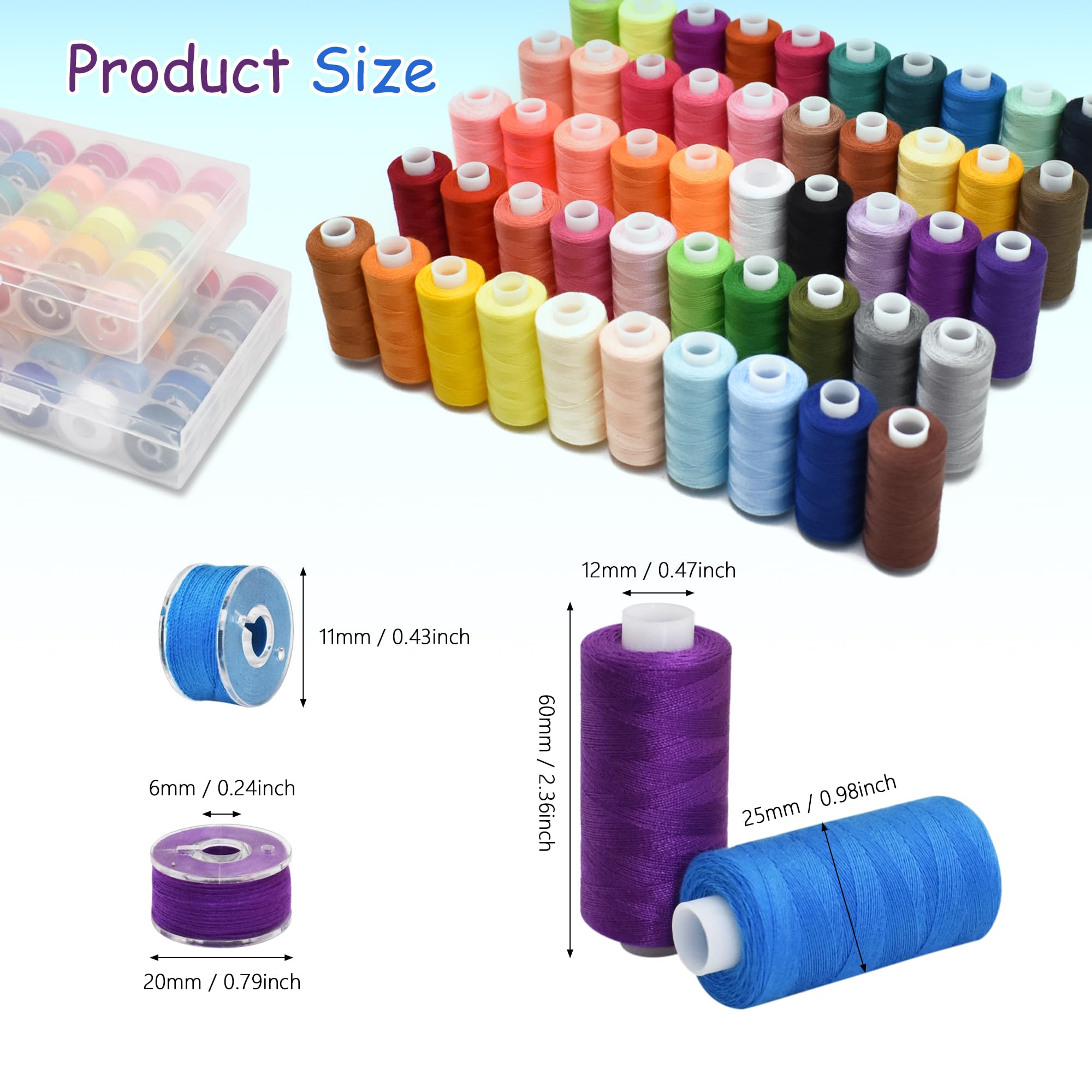 SHRJ Kit de 130 hilos de coser, 50 colores para máquina de coser, bobinas preenrolladas con hilo de bobina, surtido de agujas de almacenamiento, 400 yardas por carrete, hilo de poliéster