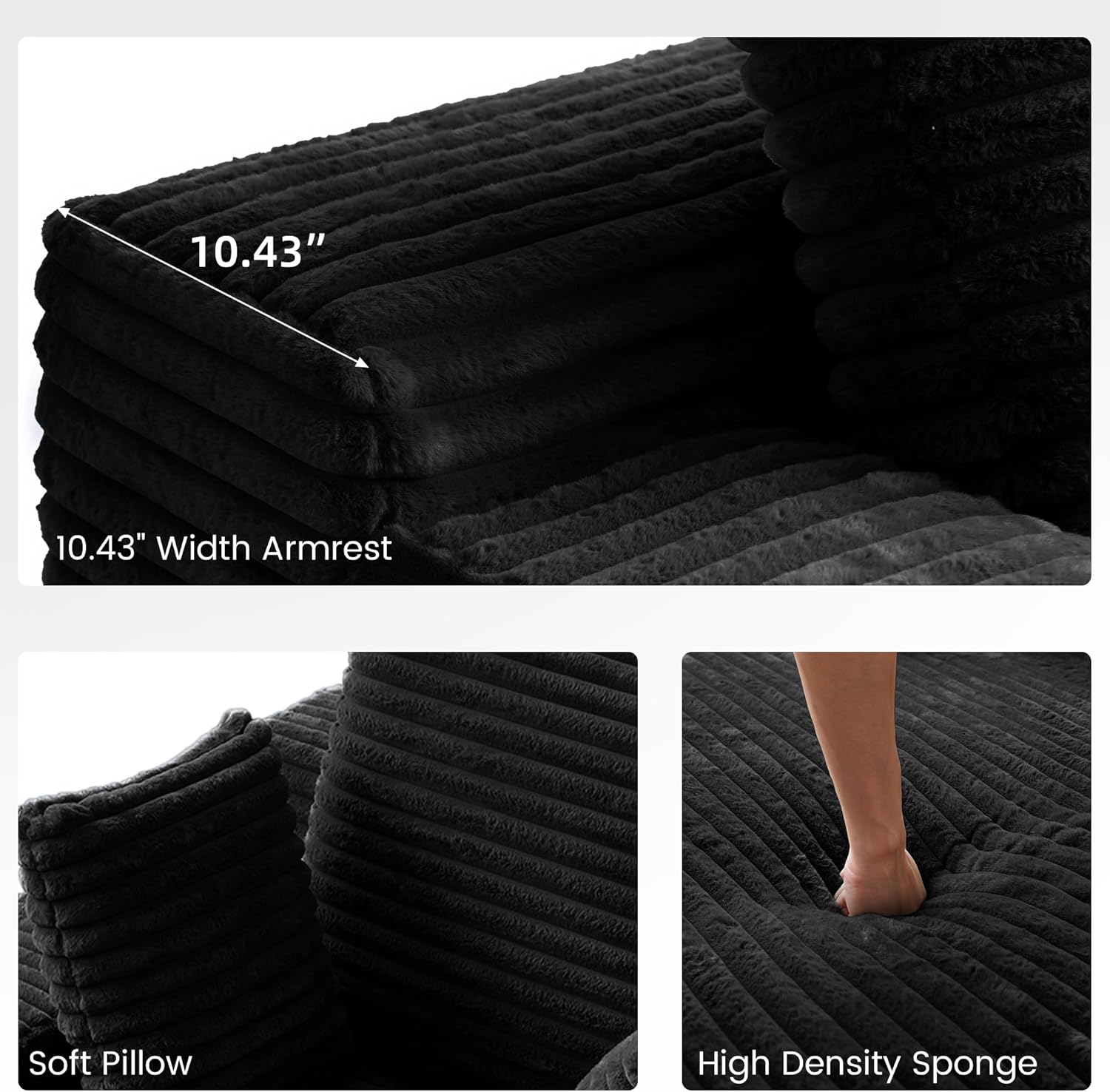 WJShome Oversized Chaise Lounge Chair Indoor, Plush Corduroy Boneless Sofa Bed, Cloud Reading Chair with Throw Pillow for Living Room (Black)