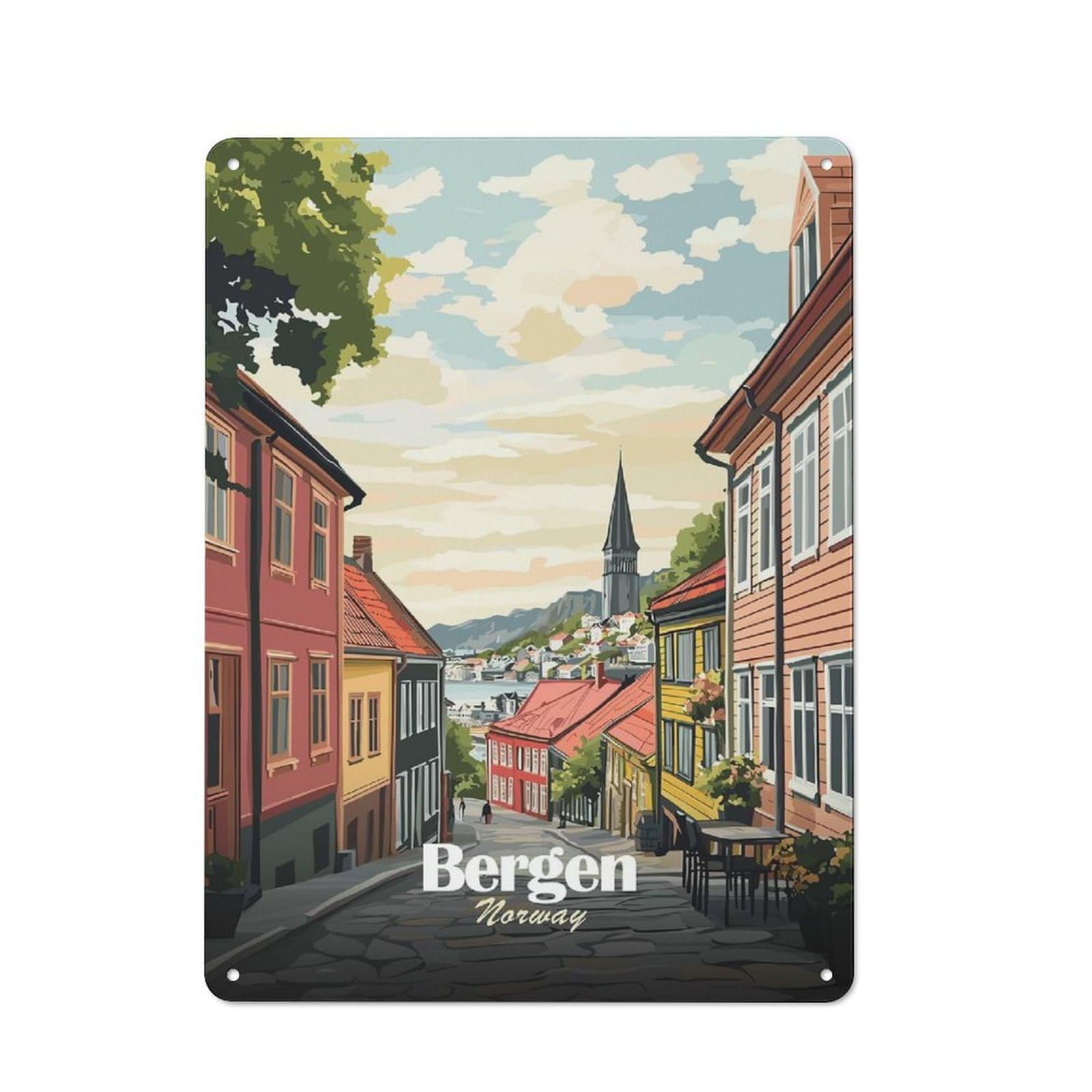 Junmoney Style-9 Bergen, Norway Street View Illustration Printed Metal Sign 40X30cm For Garage Wall, For Collectors Of Vintage Metal Wall Decor