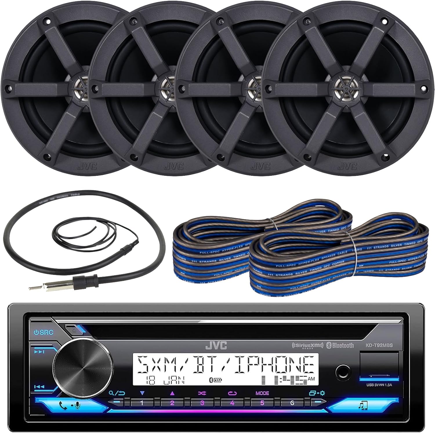 JVC Single DIN Headunit Bluetooth Radio USB AUX AM/FM Digital Media Marine Receiver Bundle Combo with 2 Pairs (Qty 4) 6.5" 2-Way 100 Watts Peak Boat Audio Speakers, 2X Speaker Wire, Radio Antenna