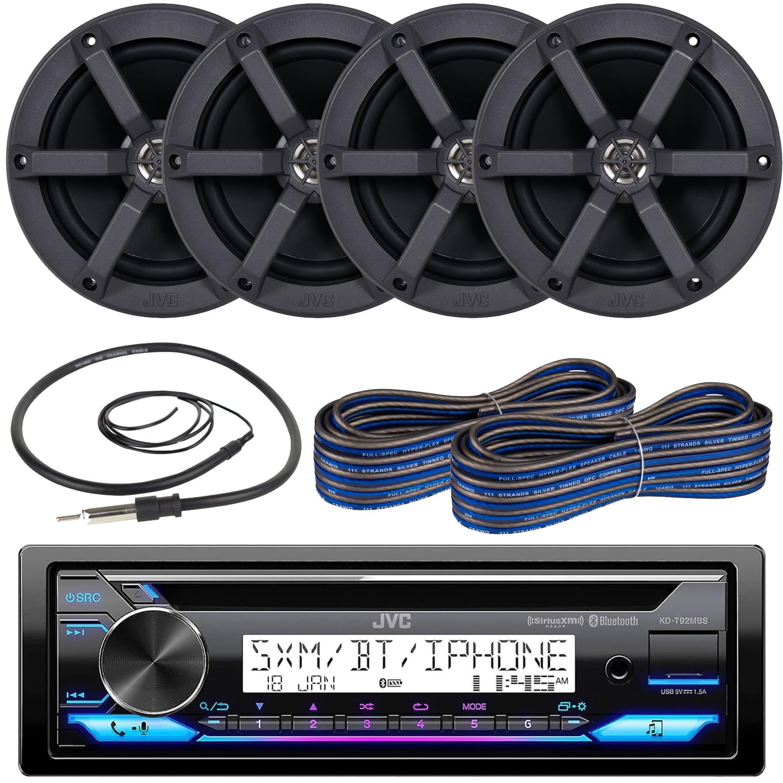 JVC Single DIN Headunit Bluetooth Radio USB AUX AM/FM CD Player Marine Receiver Bundle Combo with 2 Pairs (Qty 4) 6.5