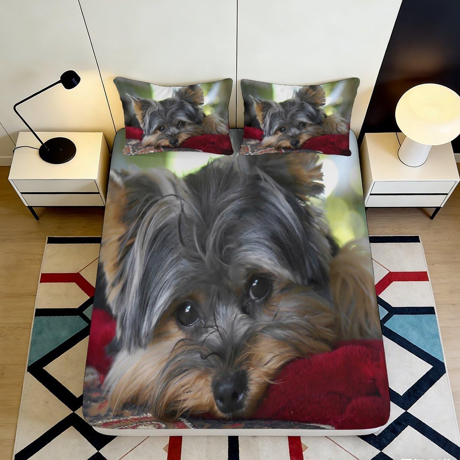 3D Printed Yorkshire Terrier Fitted Sheet Microfiber Soft Durable Dog Pattern Bed Cover for Bedroom Dormitory Guest Room Mattress Protection 200x200x25cm