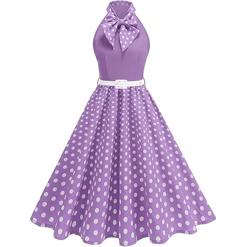 ODIZLI 1950s Dress for Women Retro Sleeveless Tie Neck Polka Dot Swing Dress with Belted Evening Party Cocktail Dresses