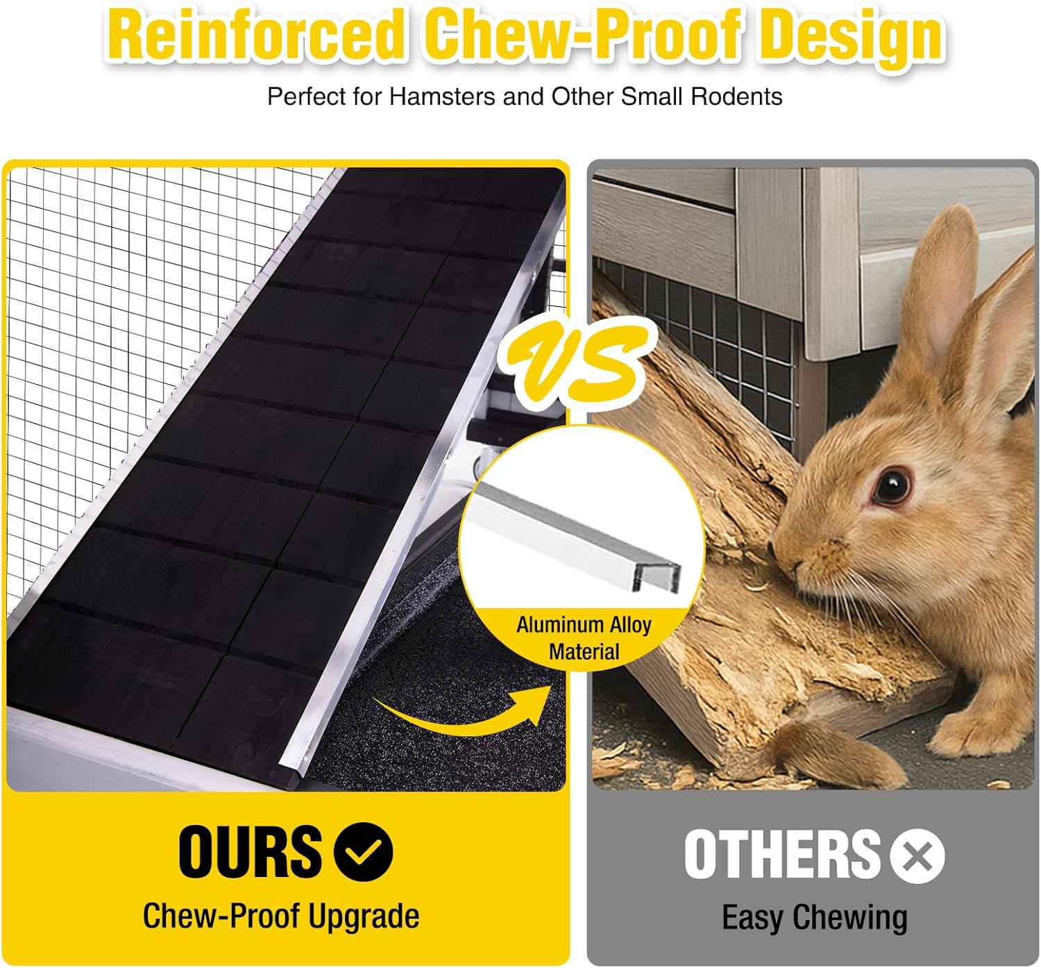 Comparison image showing the reinforced chew-proof ramp of the Aivituvin hutch versus a standard wooden ramp