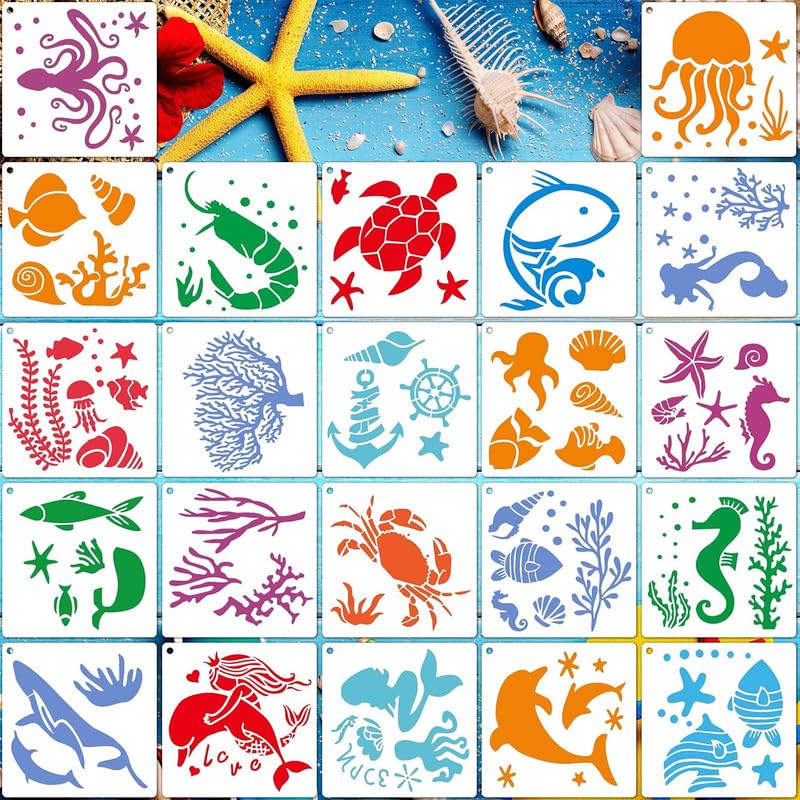 Devasya Crafts 22 Pieces Sea Ocean Creatures Stencils Reusable Sea Painting Template Sea Animal Drawing Template Mermaid Turtle Seahorse Pattern Stencil for DIY Crafts Painting on Wood Wall Decor, 6 x 6 Inch