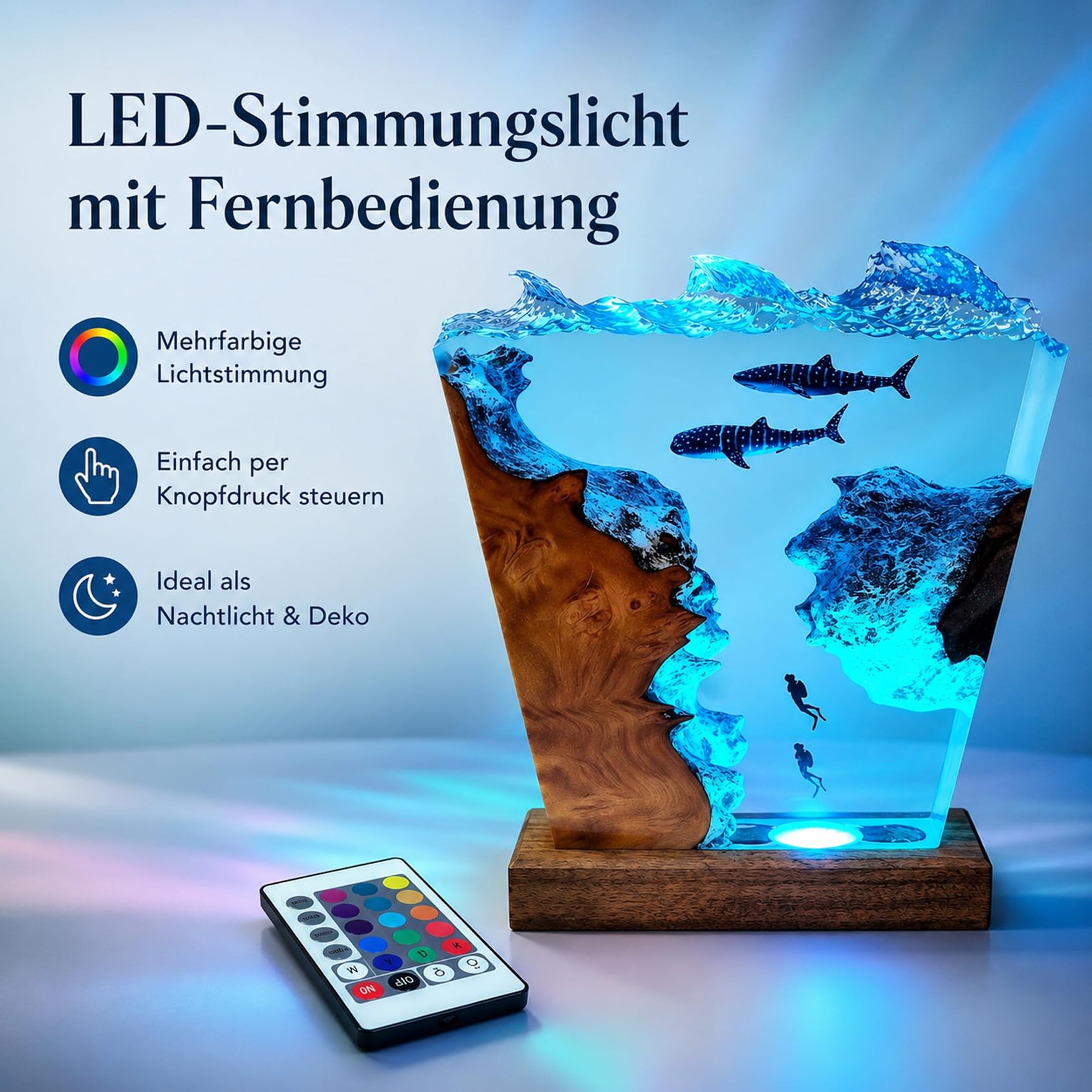 Drawelry 3D Meer Wal Hai Harz Nachtlichter Unterwasser Ornamente (E3) | Holzsockel, USB-Kabel, Ozean Szene, Epoxidharz Lampe,Heim Büro Deko,Weihnachten Geburtstag Geschenke