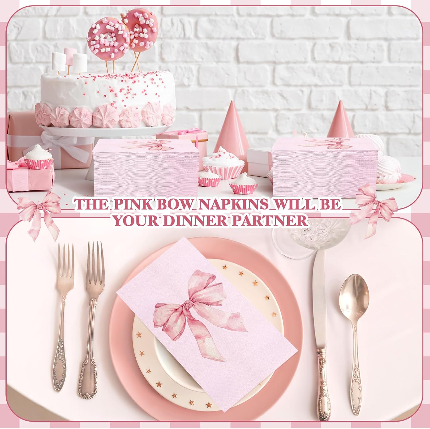 100 Pack pink Bow Cocktail Napkins Disposable Folded Paper Towel Bow Party Supplies for Birthday Bridal Shower Bachelorette Bathroom wedding Engagement Decoration