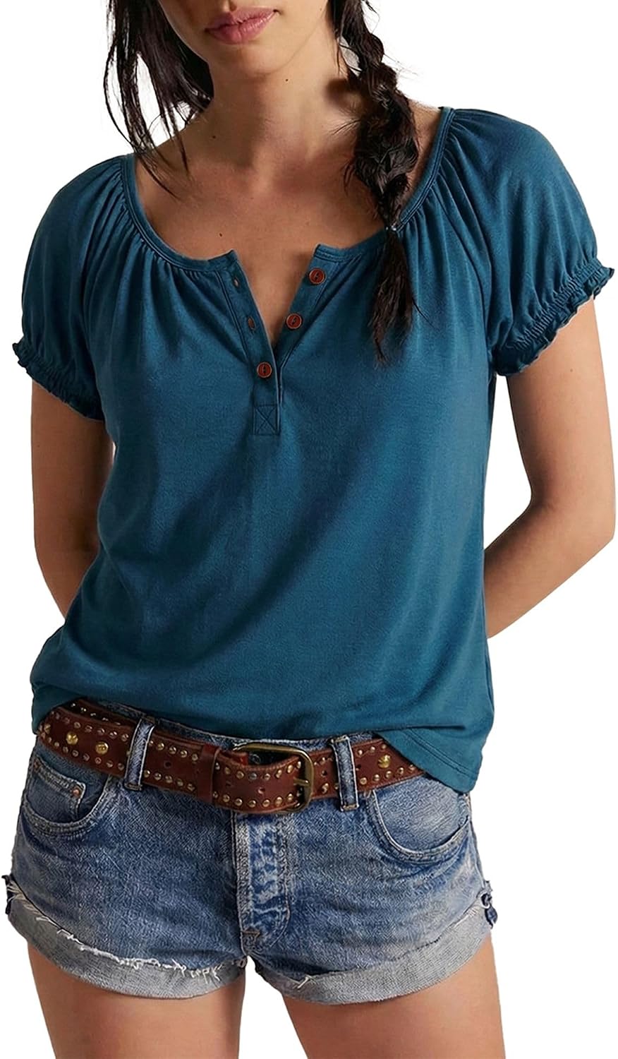 Womens Short Sleeve Tops Scoop Neck Ruffle Sleeve Henley Shirts Summer Casual Fashion Loose Fit T-Shirts Blouse 2026