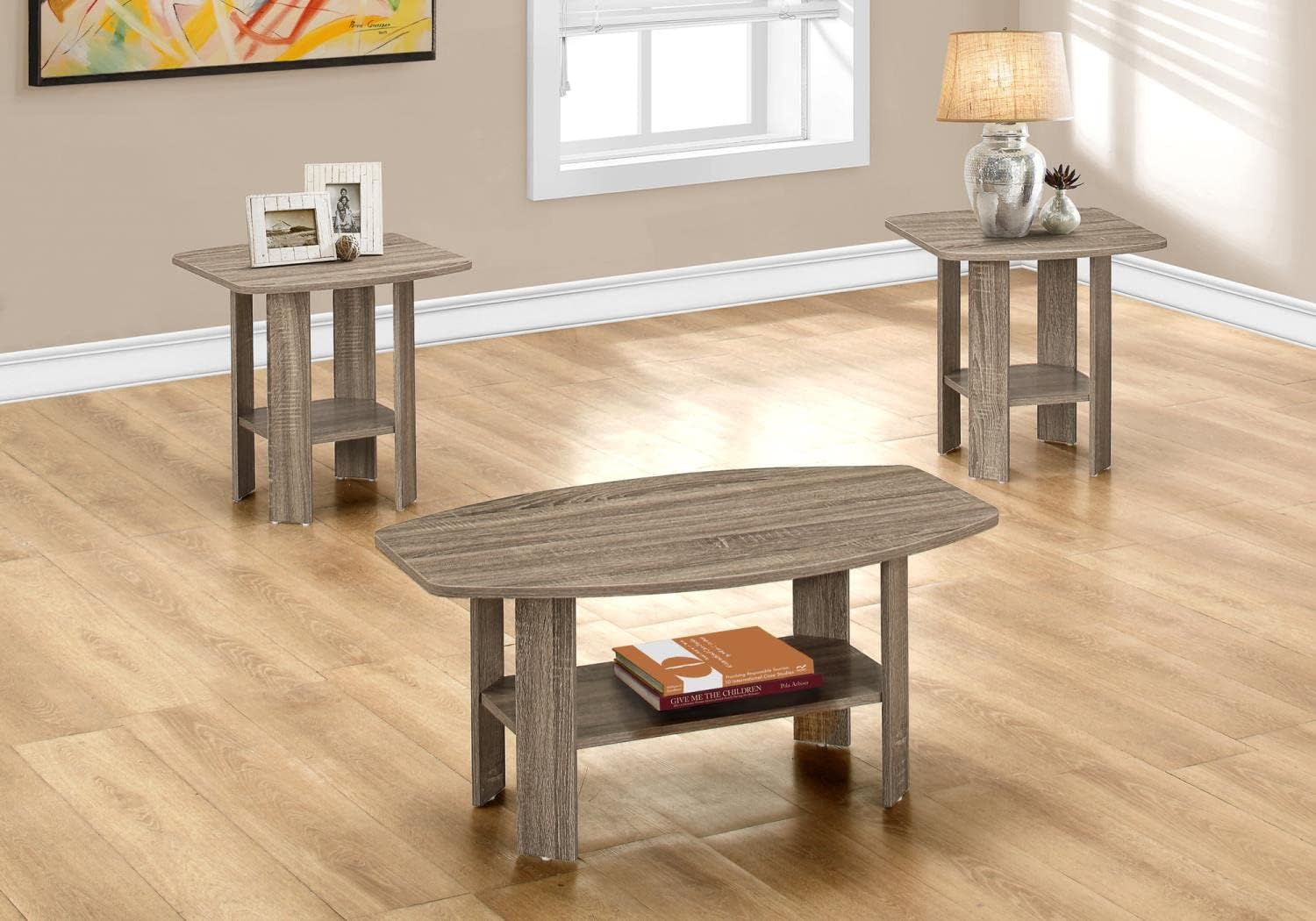 Monarch Specialties I 7927P Table Set, 3pcs Set, Coffee, End, Side, Accent, Living Room, Laminate, Brown, Transitional