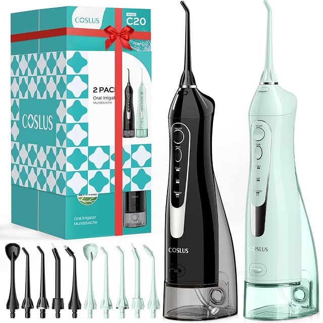 COSLUS Awn Tss COSLUS ADA Accepted C20 Water Dental Flosser Pick, Double Set Black & Green