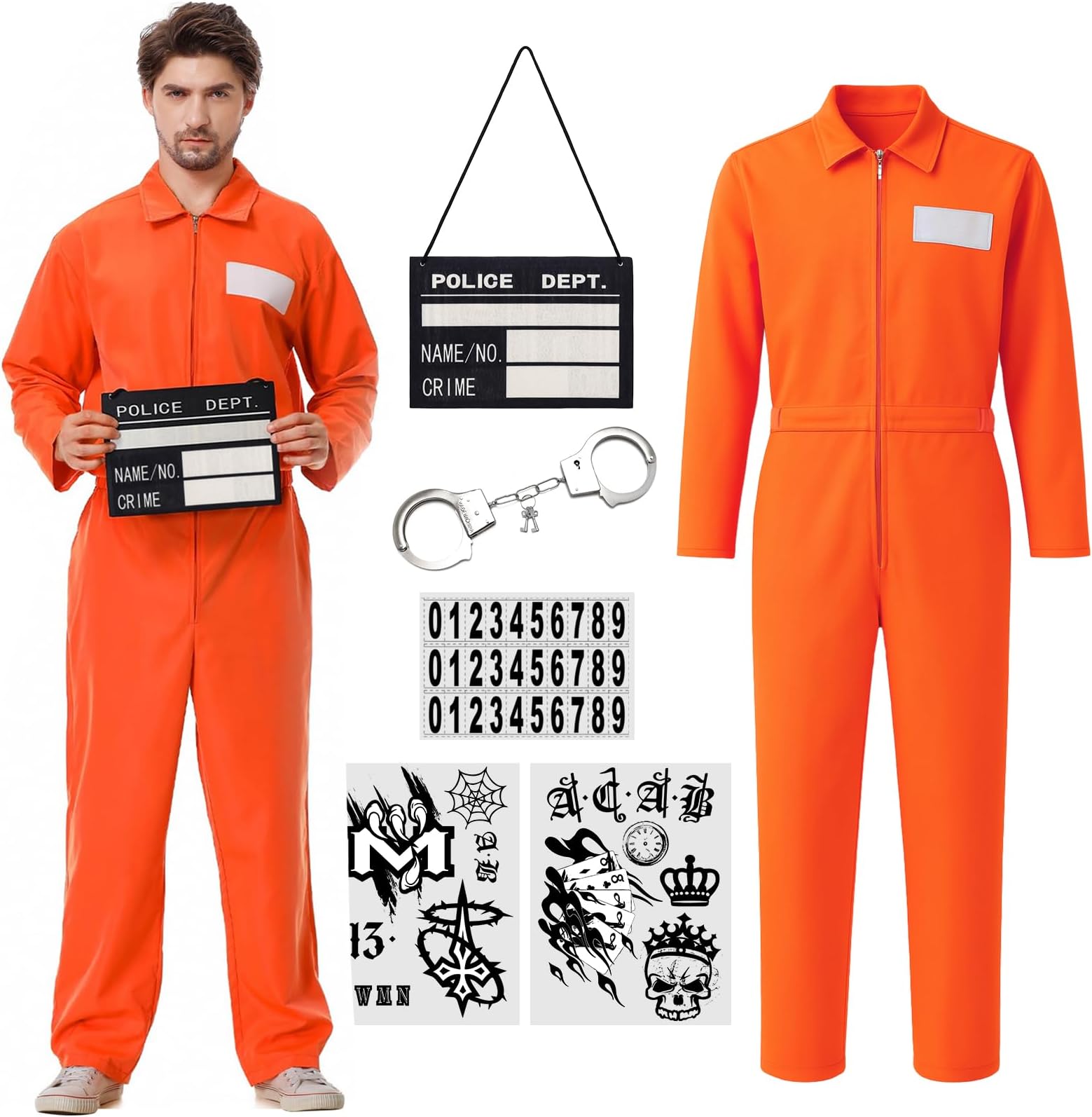 Prisoner Jumpsuit Men Halloween Costume - 6-Piece Orange Prison Cosplay Outfit Unisex Adult Jail Uniform