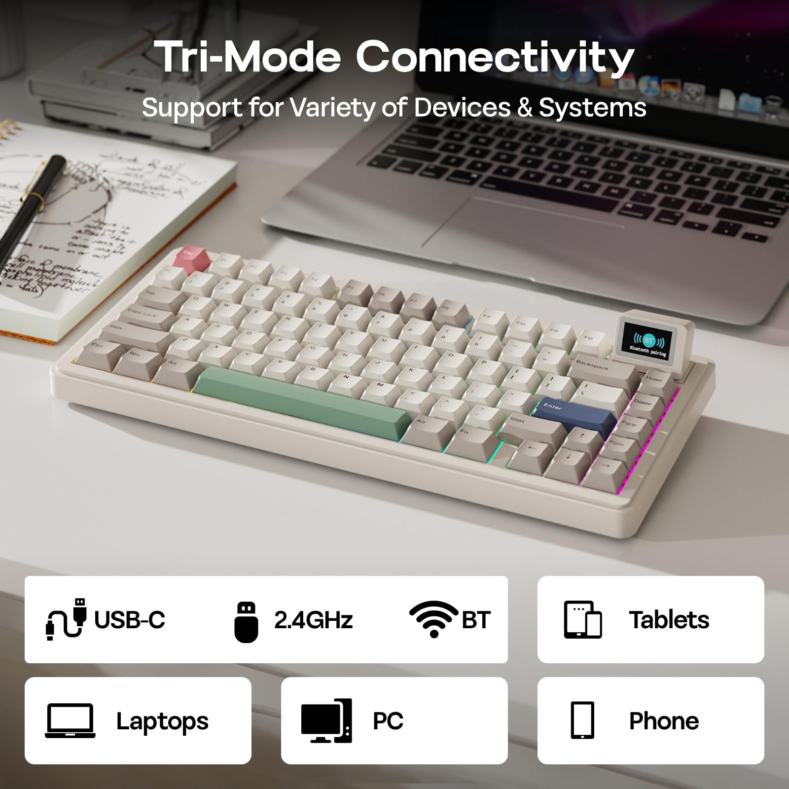 EPOMAKER RT82 Teclado Mecánico Inalámbrico para Juegos con Pantalla, Personalizable con Via, 2.4GHz/USB-C/BT5.0, RGB, Gasket, Amortiguado de 5 Capas, Teclas PBT, Hot-Swap, US ANSI (Sea Salt Silent) - 5