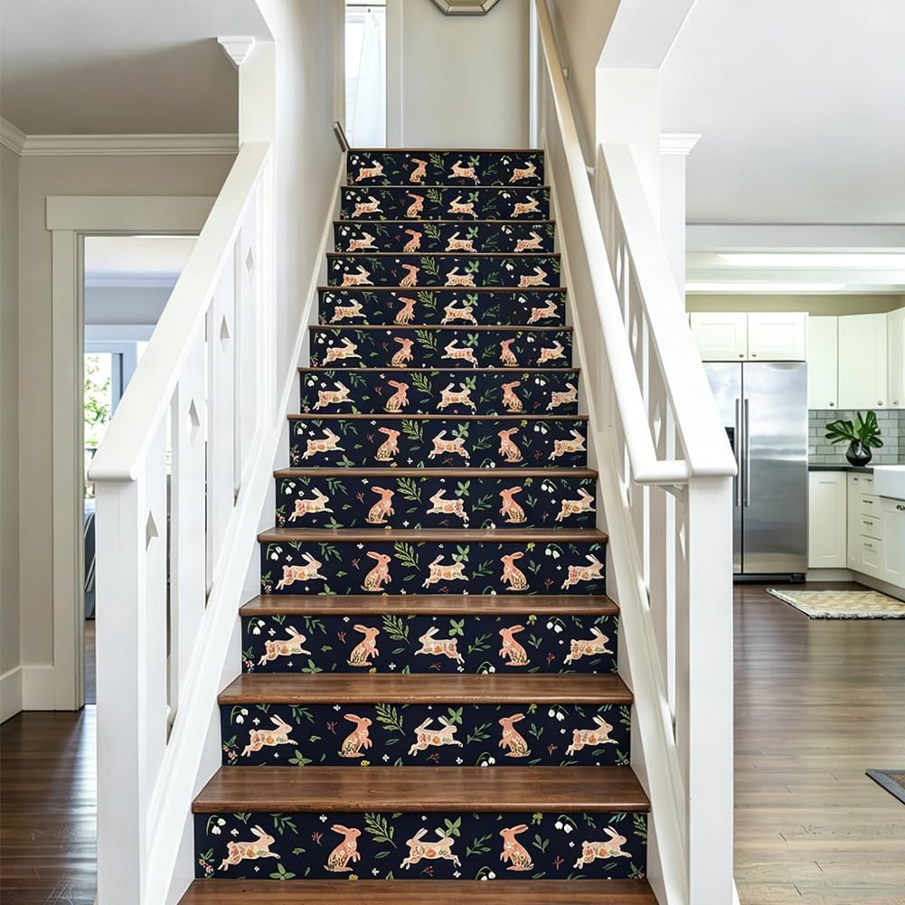 PLIGREAT 15 Strips Rabbits Pattern Stair Decals, Peel and Stick DIY Stair Riser Stickers for Steps 18x100cm Self-Adhesive Vinyl Rabbits Plant Staircase Murals for Home Hotel Decor
