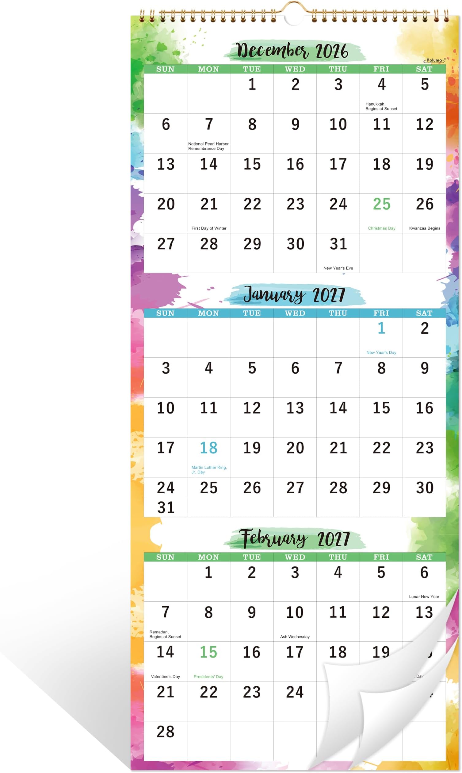 2027 Calendar - 3 Month Wall Calendar 2027 Display