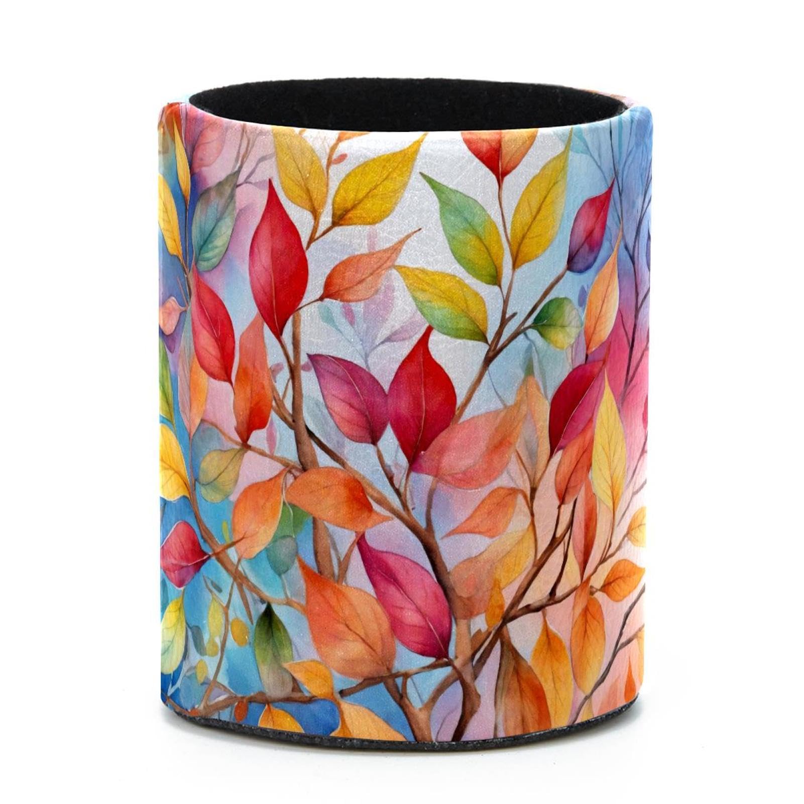 VAPOKF Round Pencil Holders for Desk, Leaves Watercolor Flowers Pen Holders Pen Pot Makeup Brushes Storage Desktop Stationery Supplies Organiser for Home Office