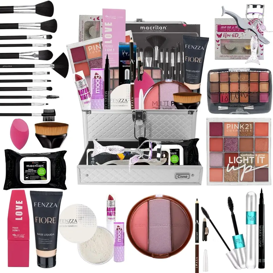 Kit Maleta de Maquiagem Completa Qualidade Premium, 12 Pinceis Profissional Macria + kit de Maquiagem + Kit de Acessorios - COR DA BASE MÉDIA