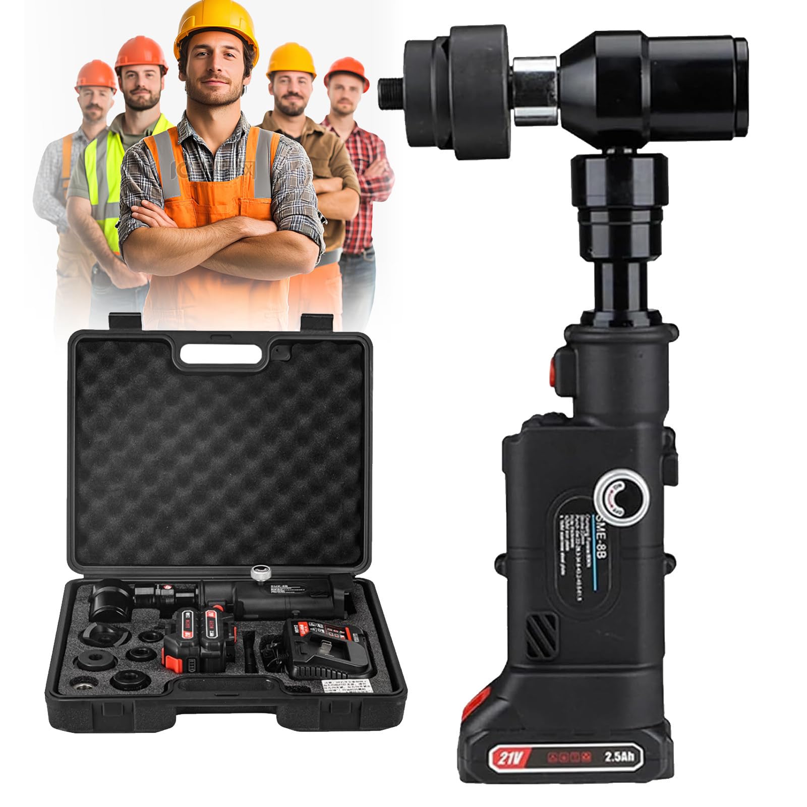 YXYLJOZ Electric Hydraulic Hole Punching Tool, 22mm Stroke Hydraulic Punch Tool,Automatic Pressure Relief with 6 Dies (Φ22-60mm) & 21V 2x2500mAh Battery