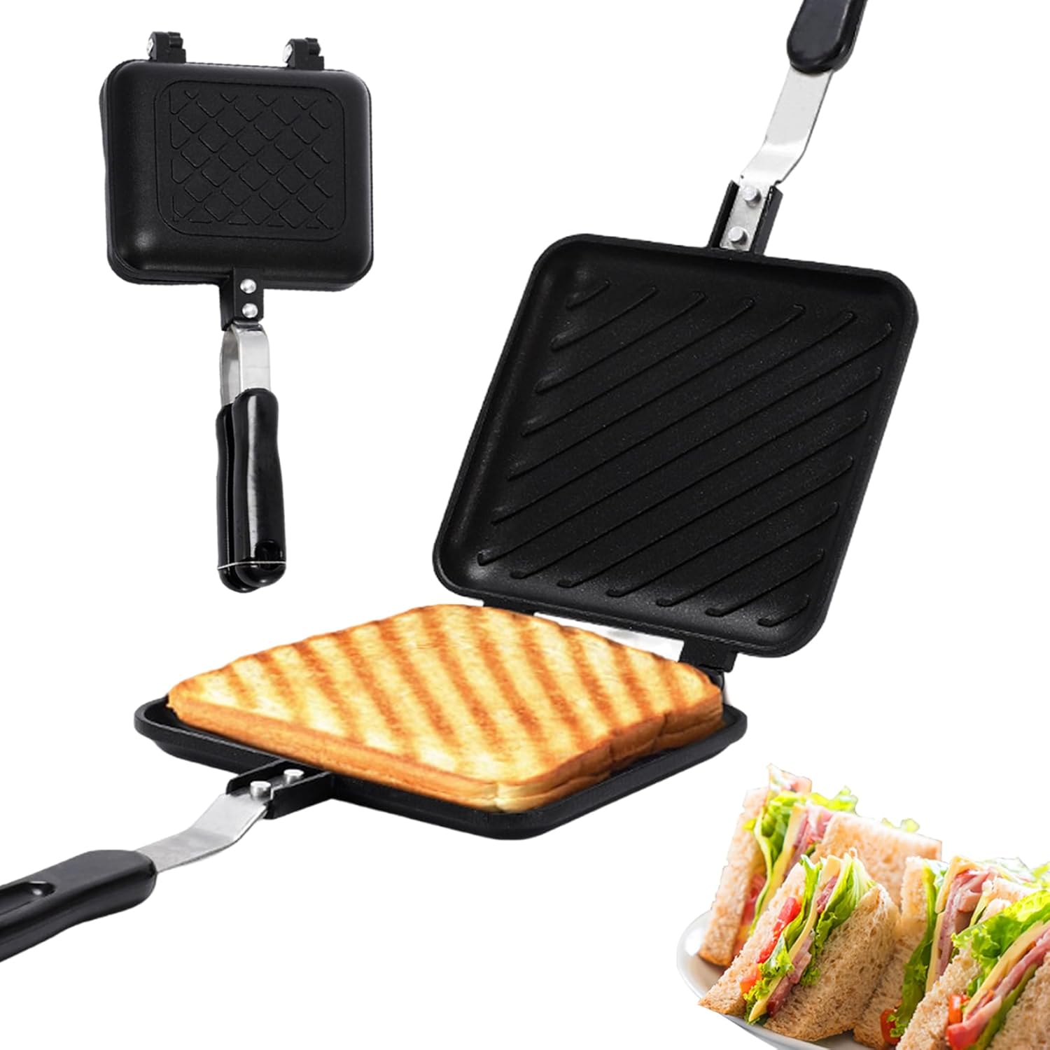 Sandwich Press, Toasted Sandwich Maker Non-stick Camping Toaster Quick Heating Toastie Maker Double Sided Sandwich Press with Non Slip Anti-Scald Handle for Bread Breakfast