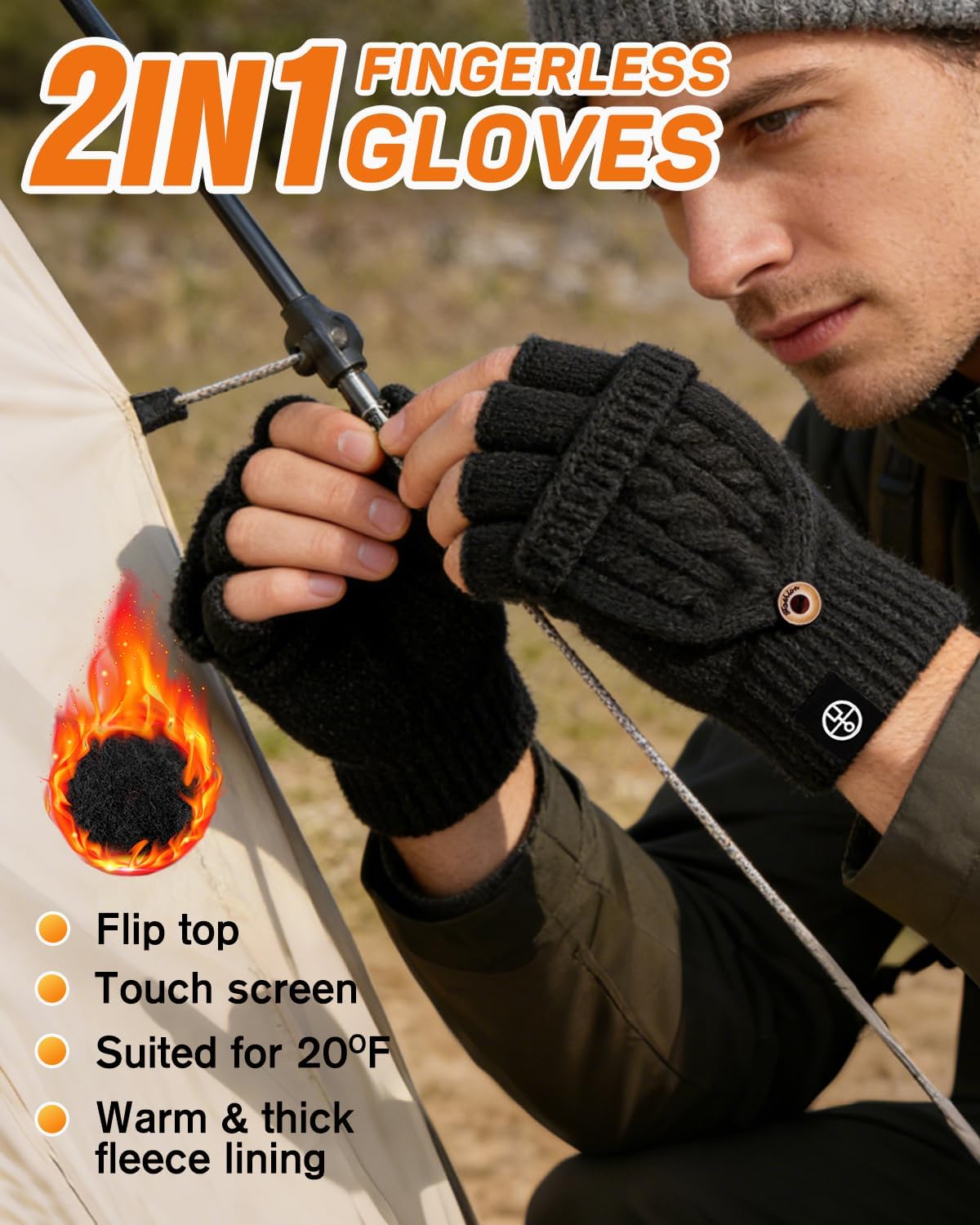 Winter Fingerless Gloves for Women Men Warm Knitted Convertible Mittens Flap Cover