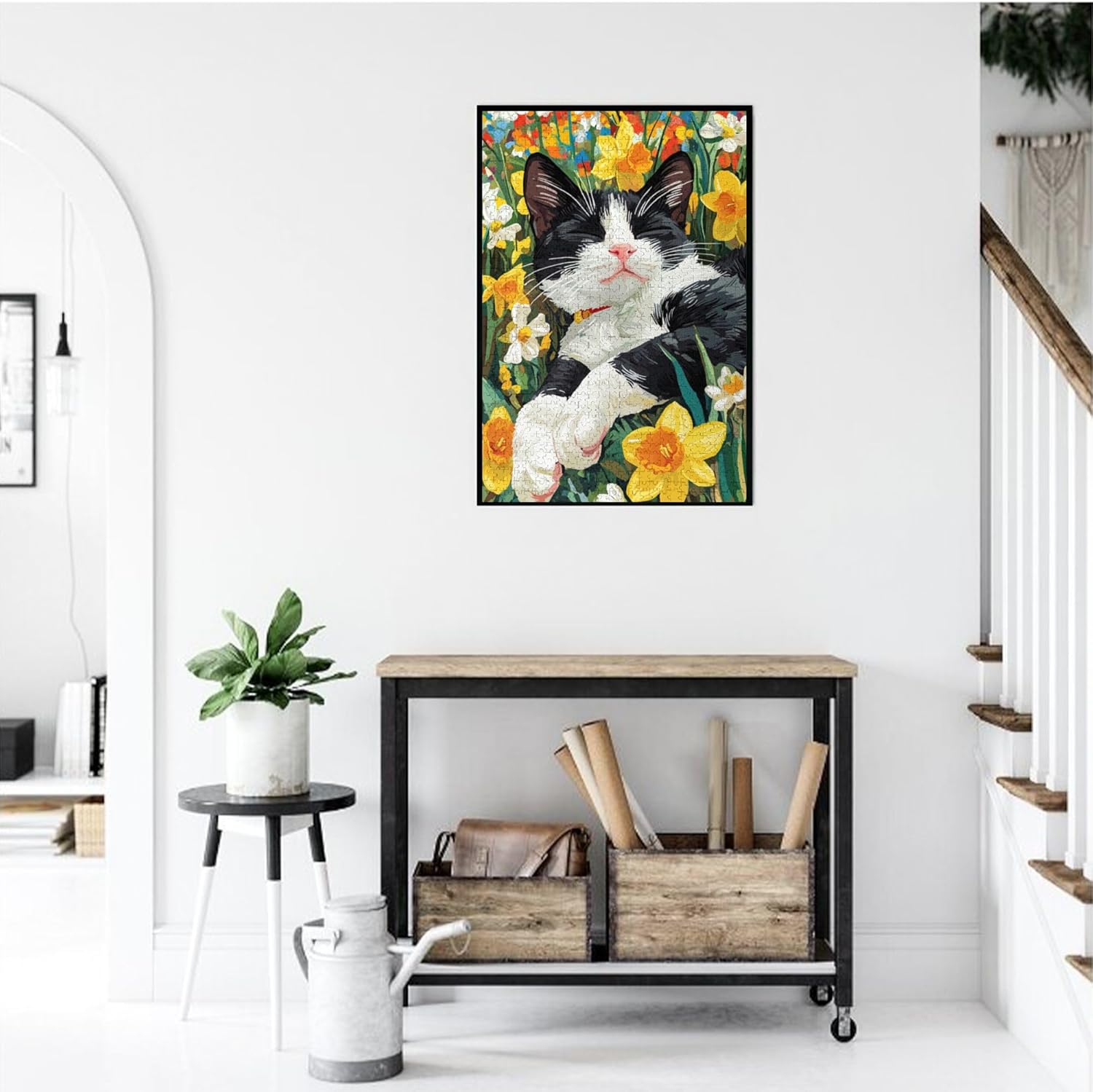 Spring Flowers Cat Puzzle – 1000 Piece Wooden Puzzle for Adults, Relaxed Black and White Cat Among Colorful Daffodils