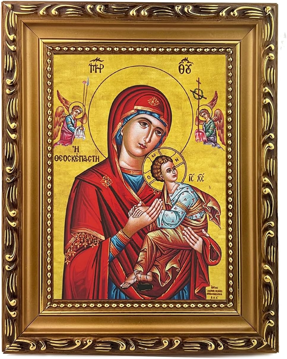 Virgin Mary and Christ Virgin With Child, Devine Aegis Greek Icon Byzantine Gold Framed Image of Theotokos - Wall Hanging and Standing 7 1/4 Inch, Religious Gift