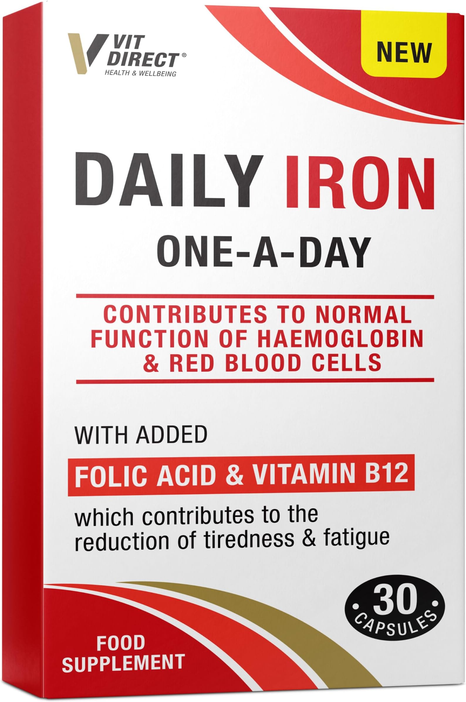 Daily Iron Supplements - 30 Capsules - with Added Folic Acid & Vitamin B12 - Supports Haemoglobin & Red Blood Cell Function - Reduces Tiredness & Fatigue - Energy Supplements