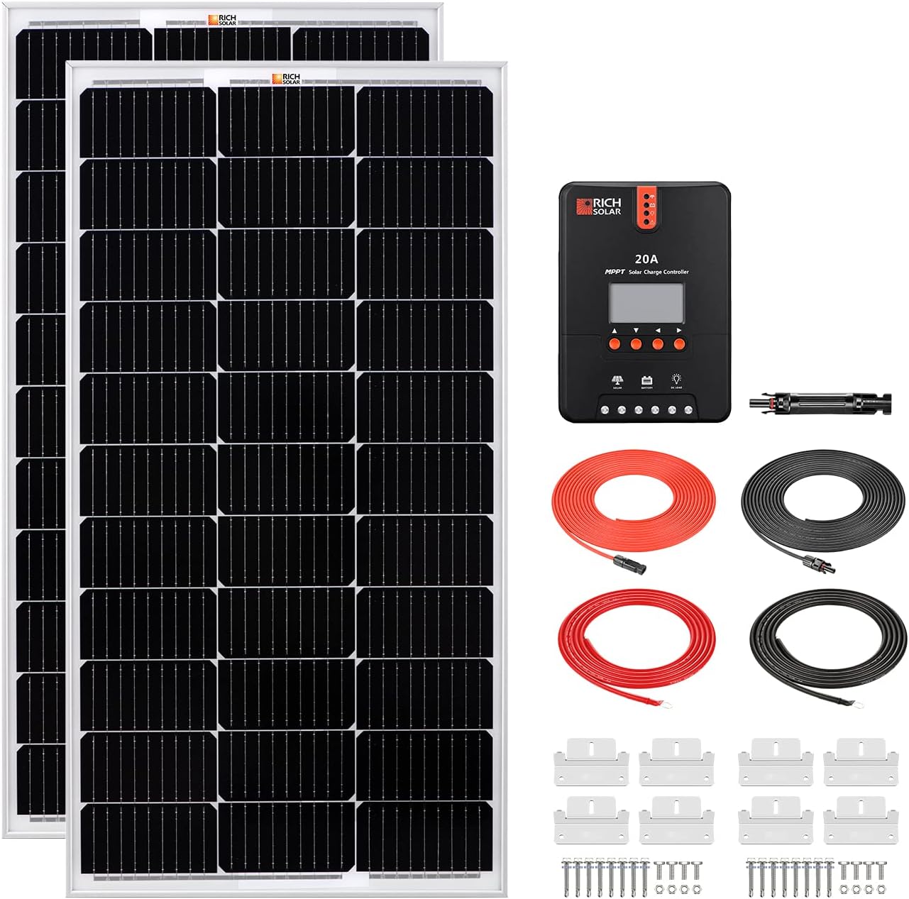 RICH SOLAR 200 Watts 12 Volts Monocrystalline Solar Kit with 2 Pack of 100W Solar Panel+ 20A MPPT Charge Controller+ 15A Inline Fuse Holder