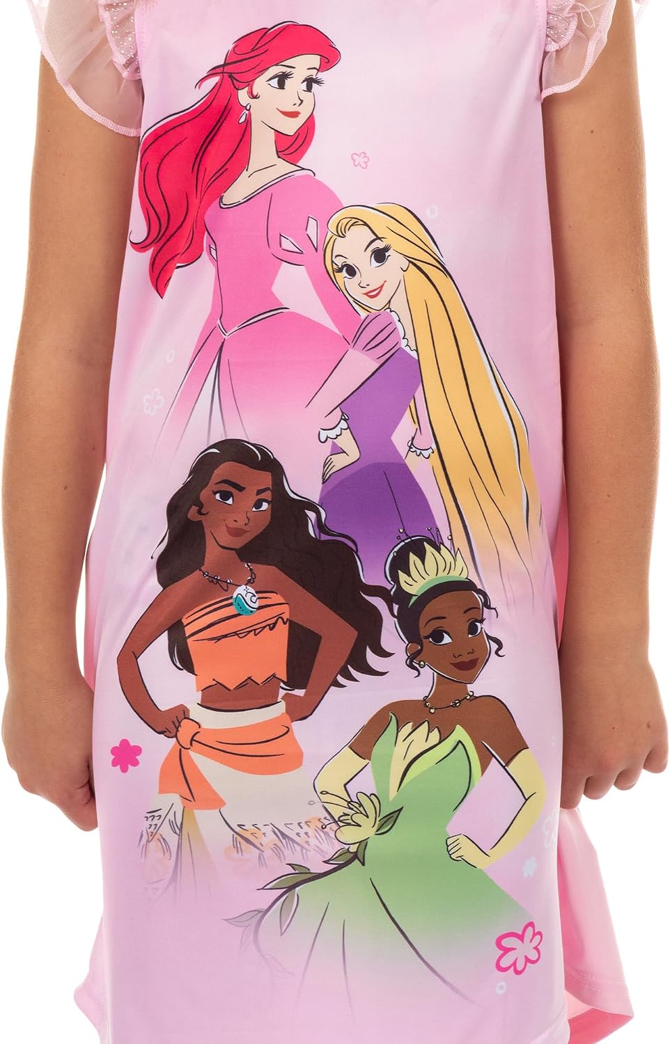 Disney Princess Nightgown Girls' Princess Ariel, Rapunzel, Moana, Tiana Ruffle Sleeve Sleepwear
