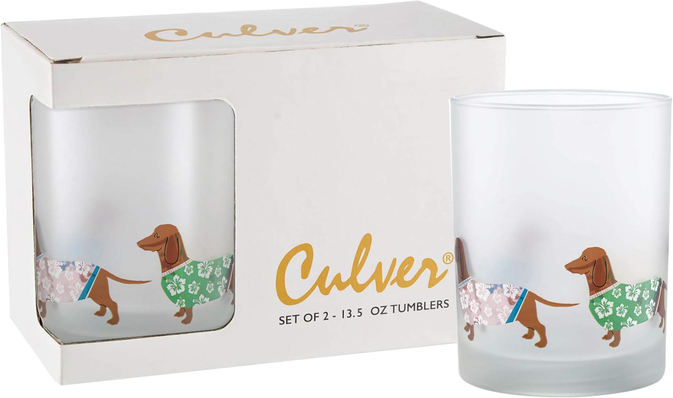 Culver Tropical Decorated Frosted Double Old Fashioned Tumbler Glasses, 13.5-Ounce, Gift Boxed Set of 2 (Luau Dachshunds Dogs)