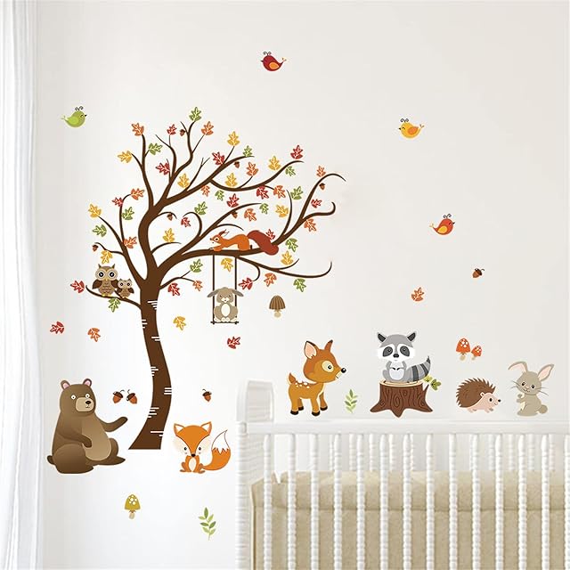 decalmile Woodland Animals Tree Wall Decal Owl Fox Deer Wall Stickers Baby Nursery Kids Bedroom Classroom Wall Decor (H: 79cm)