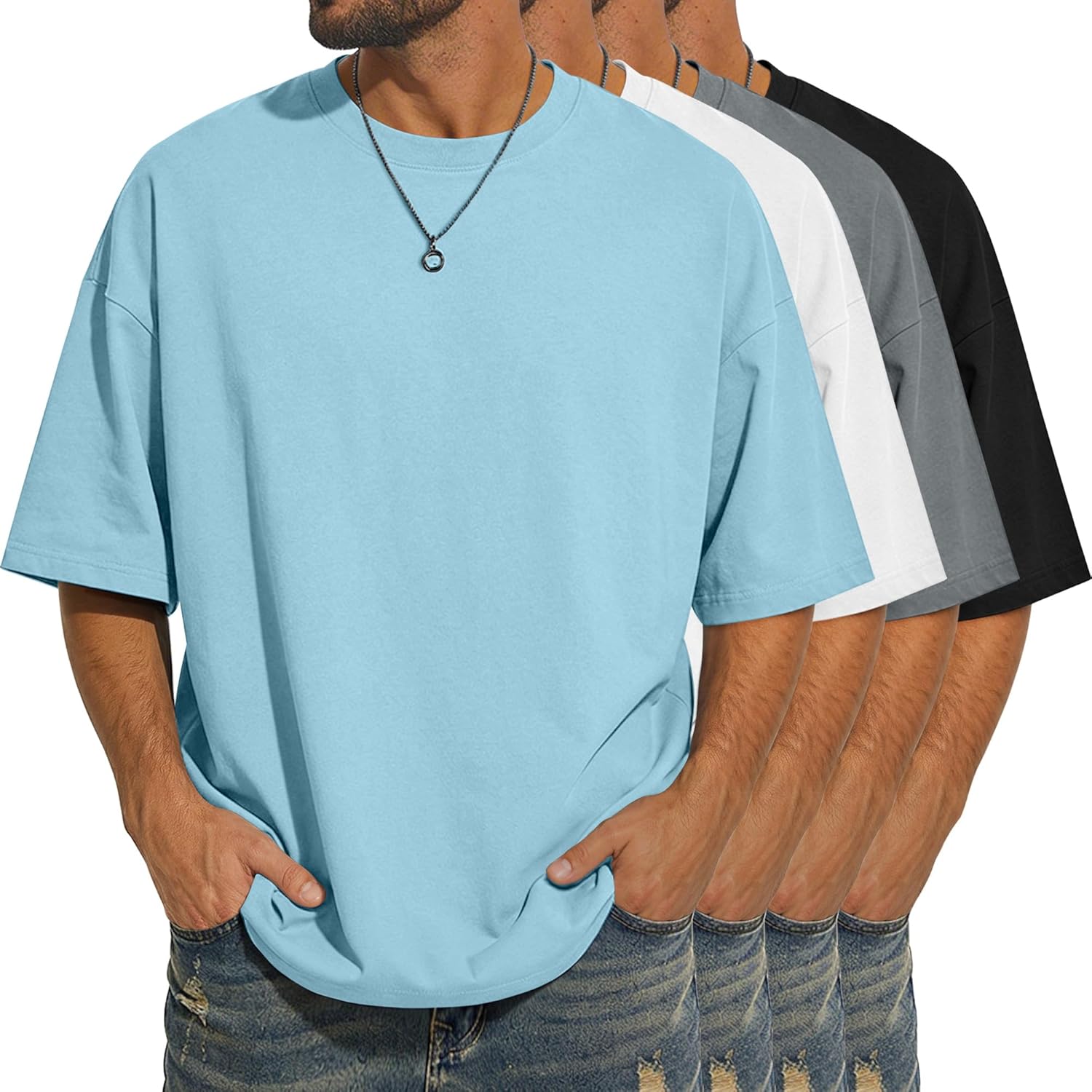4 Pack Men's Oversized T-Shirts Baggy Short Sleeve Tees Tops Loose Fit Crew Neck Basic Gym Shirts