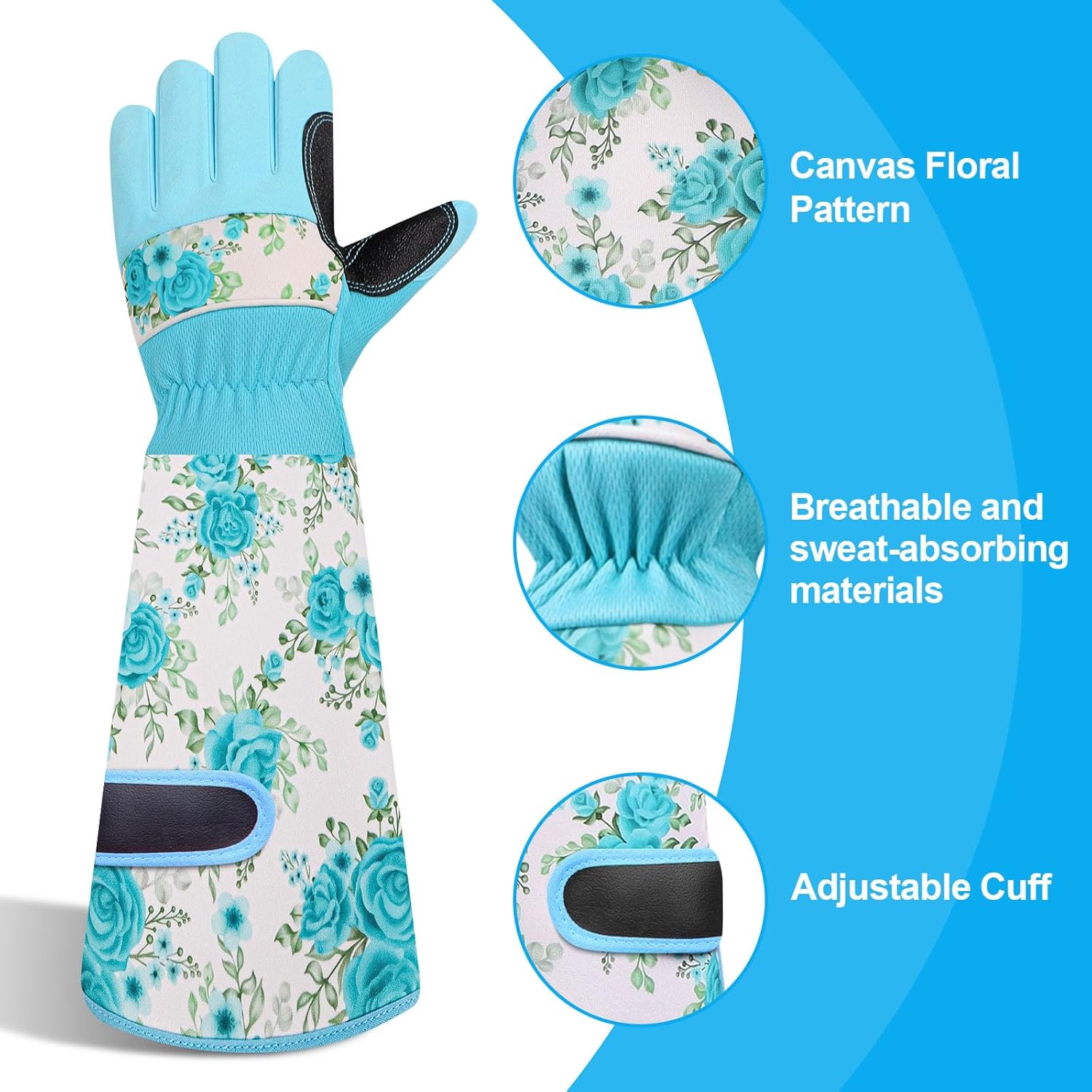 DLY Gardening Gloves for Women, Rose Gloves Gardening Thorn Proof, Long Garden Gloves for Women, Breathable & Durable Leather Gauntlet(Medium, Light Blue) - Image 3
