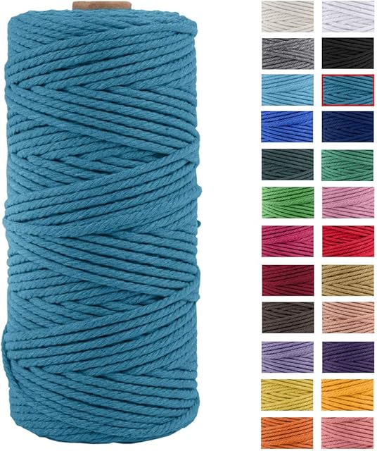 JeogYong Macrame Cord Thick Natural Cotton Cord Yarn Macrame Rope for Wall Hangings, Plant Hangers, DIY Crafts, Home Decorations, Gift Wrapping 3mm x 100m (Lake Blue)