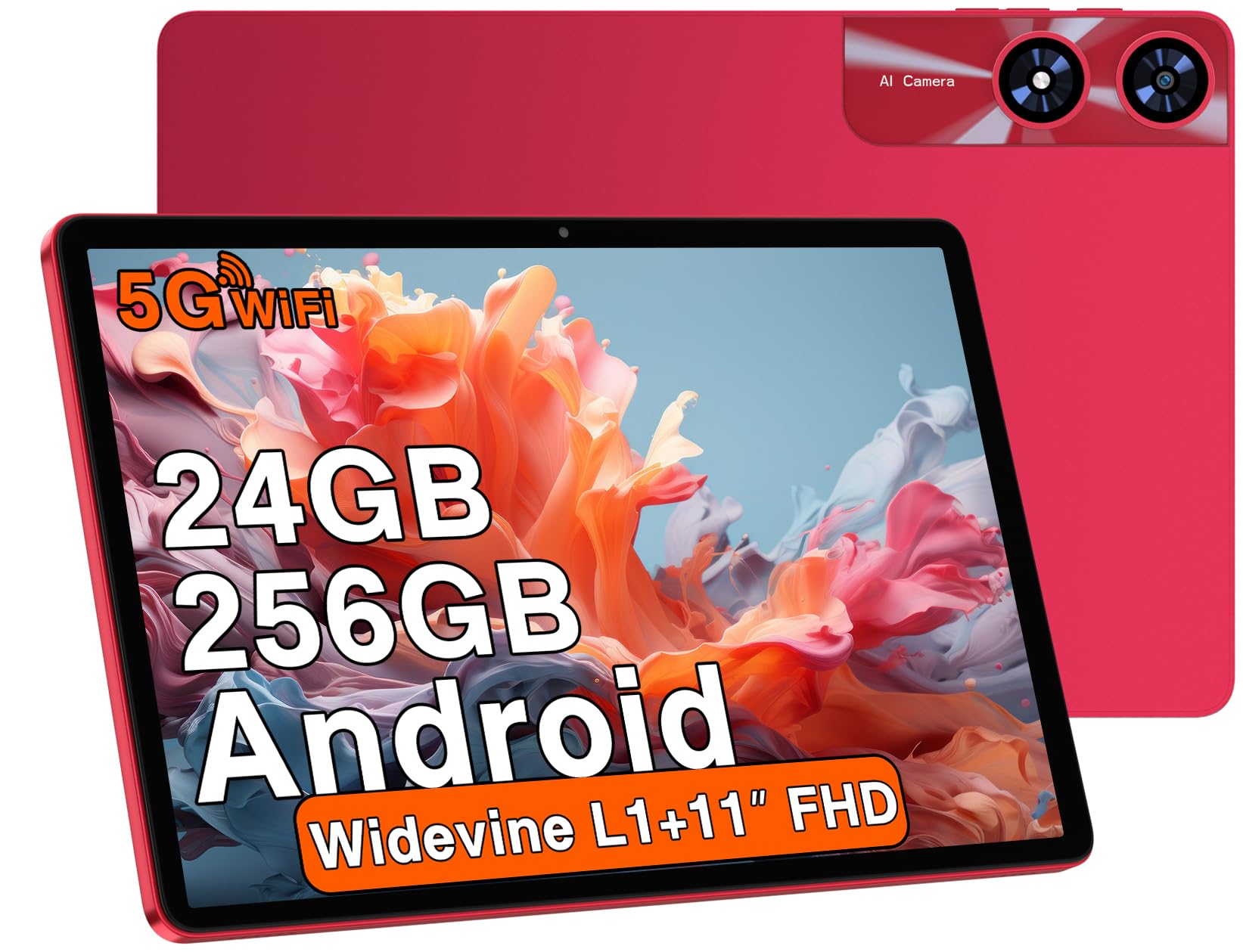 Tablet 11 Zoll Android mit, 24GB RAM 256GB ROM TF 2TB, Octa-Core, GMS, 5G WiFi 6, Bluetooth 5.0, Widevine L1, 5MP+13MP, 8000mAh, Gesichtserkennung, 1280 * 800, GPS, Ultraschnell Tablet mit Case - Red