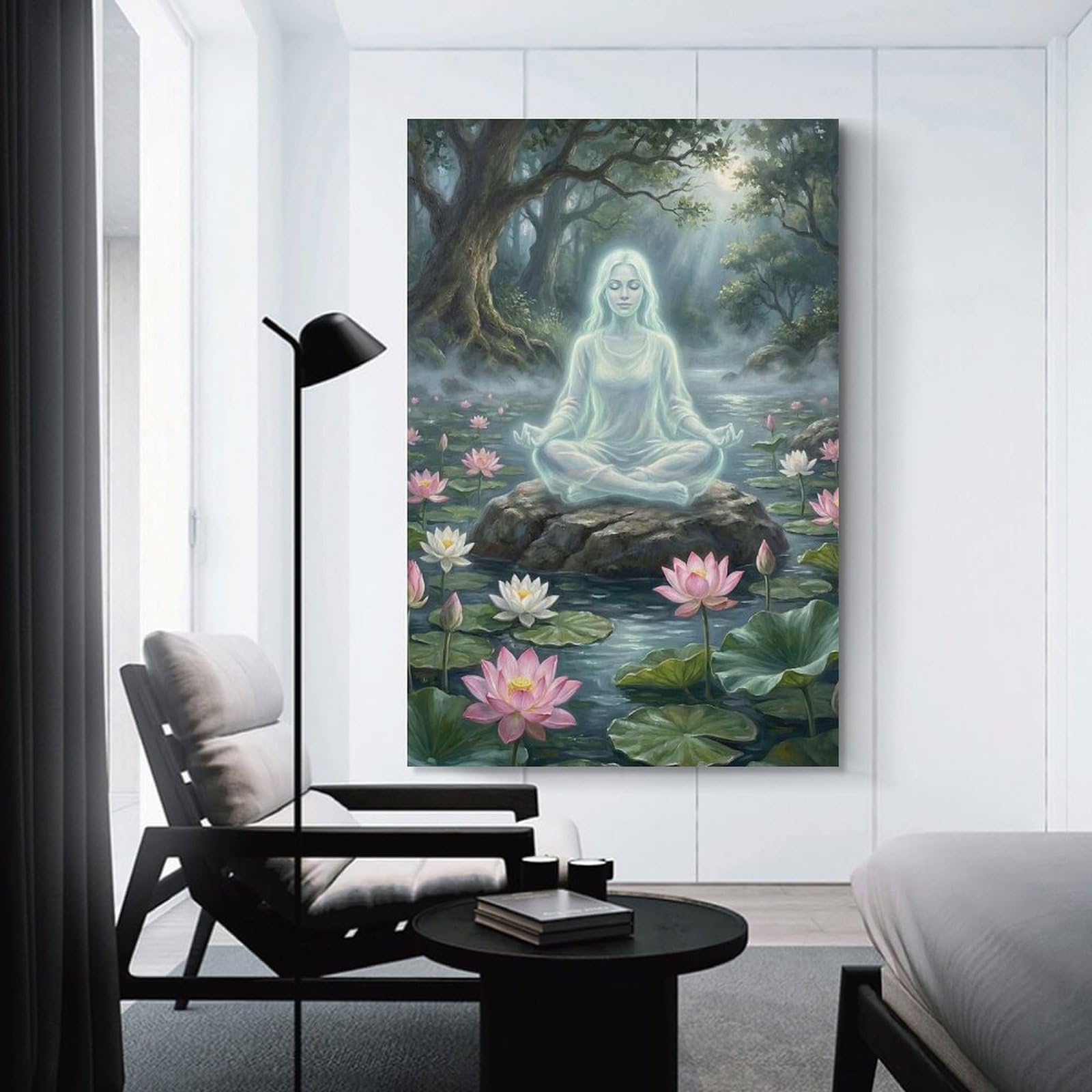 Junmoney Unframe-Style-20 Serene Woman Meditating In Lotus Pond Hanging Wall Art, 24X36inch(60X90cm), For Entrance Walls, Hall Decor Or Foyers, Wall Decor To Refresh Empty Corners