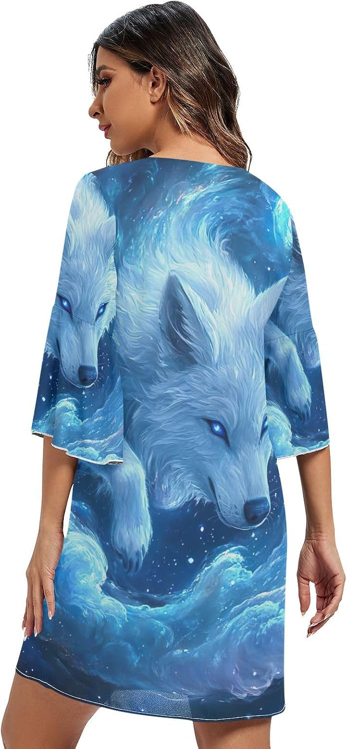 Wolf Blue Silver Cloud Short Chiffon Dress Printed Line Hawaiian Dress S-XXL