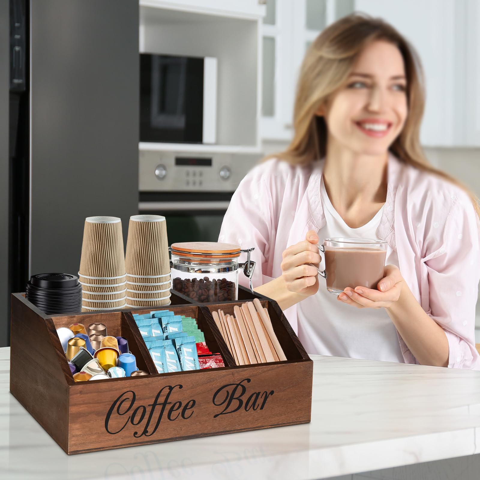 ugiftt Organizador de estación de café para mostrador, cesta de almacenamiento de cápsulas de café de madera, organizador de almacenamiento de condimentos de café y té, decoración rústica de barra de