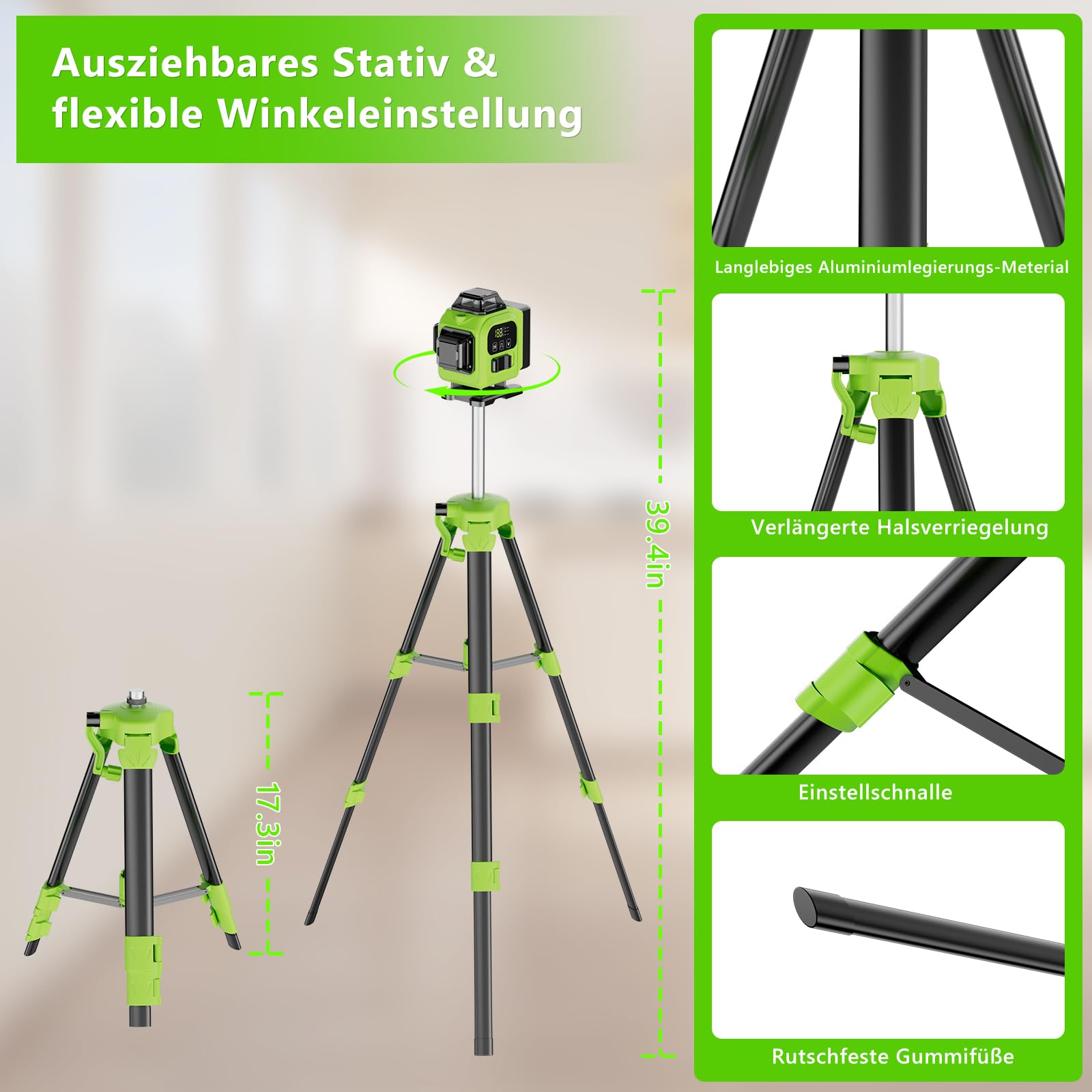 Kreuzlinienlaser Grün 16 Linien Nivellierlaser mit Stativ, 4 x 360 ° Laser wasserwaage, linienlaser kreuzlaser selbstnivellierend für Innenbereich Baustelle, 2 x Batterie Vermessungskabine