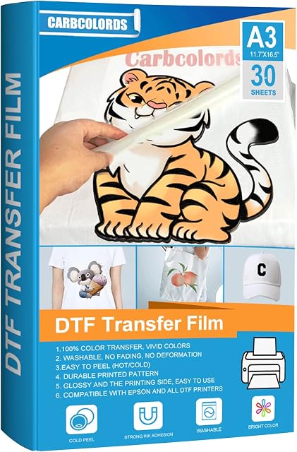 DTF Transfer Film PET Heat Transfer Paper Glossy Clear PreTreat Sheets for DYI Direct on T-Shirts/Onesies/Socks/Bags Textile A3 (11.7" x 16.5")-30 Sheets