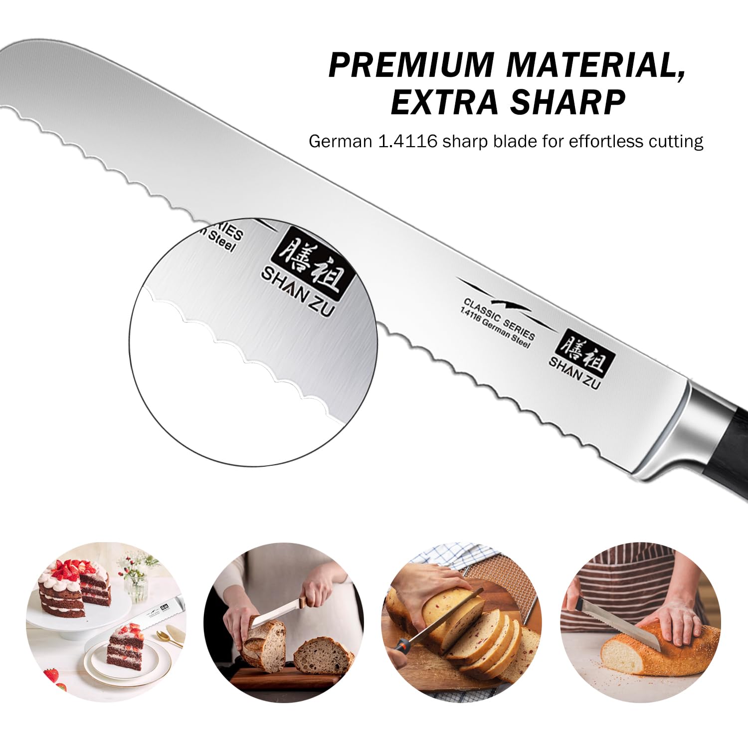 SHAN ZU Küchenmesserset 3 tlg & Brotmesser Messer Wellenschliff Küchenmesser Edelstahl 20 cm - CLASSIC Series