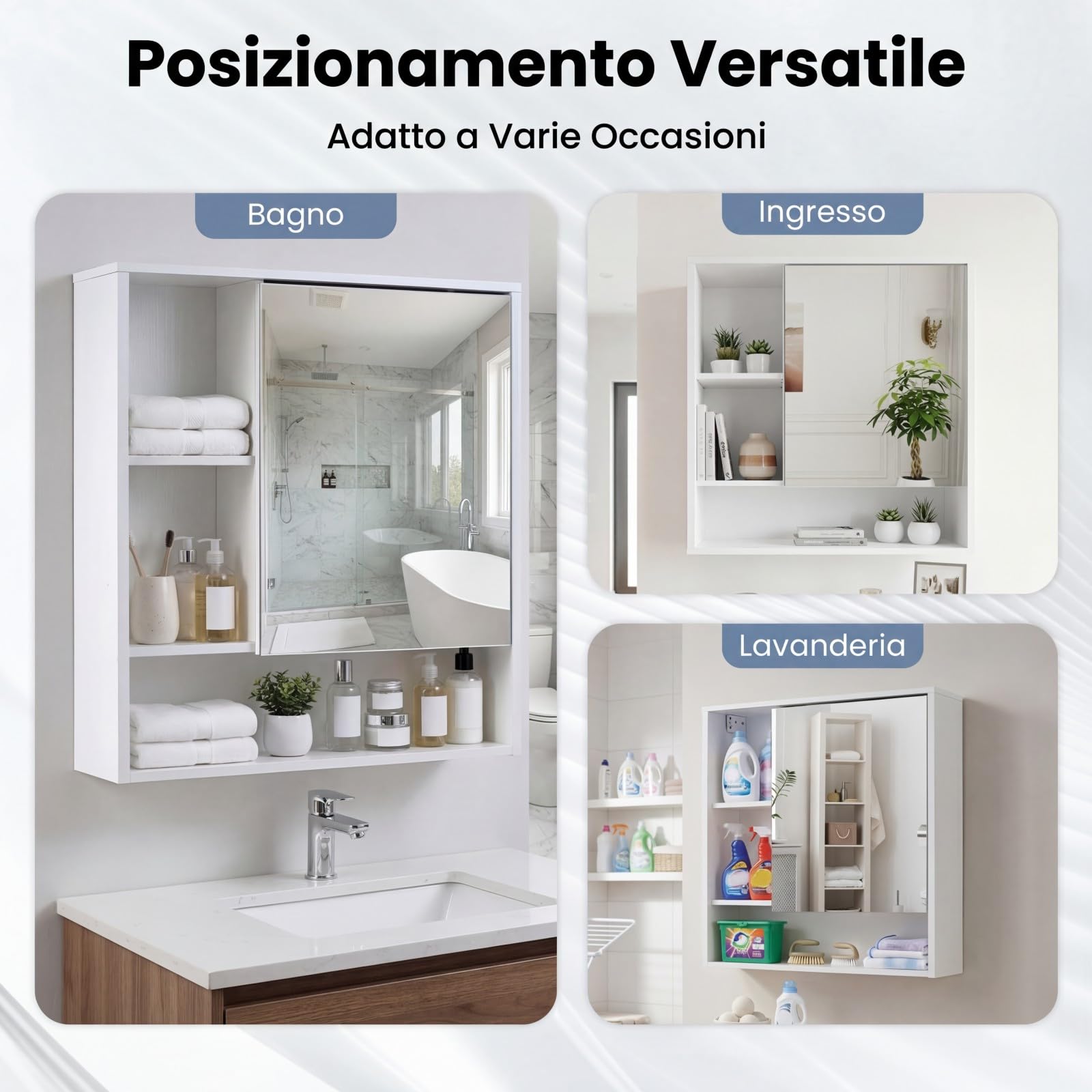 COSTWAY Mobile Bagno con Specchio, Specchio Bagno Contenitore con Porta Singola e 3 Ripiani Aperti, Mobiletto Salvaspazio in Legno per Lavanderia e Ingresso, 56 x 16 x 61 cm (Bianco)
